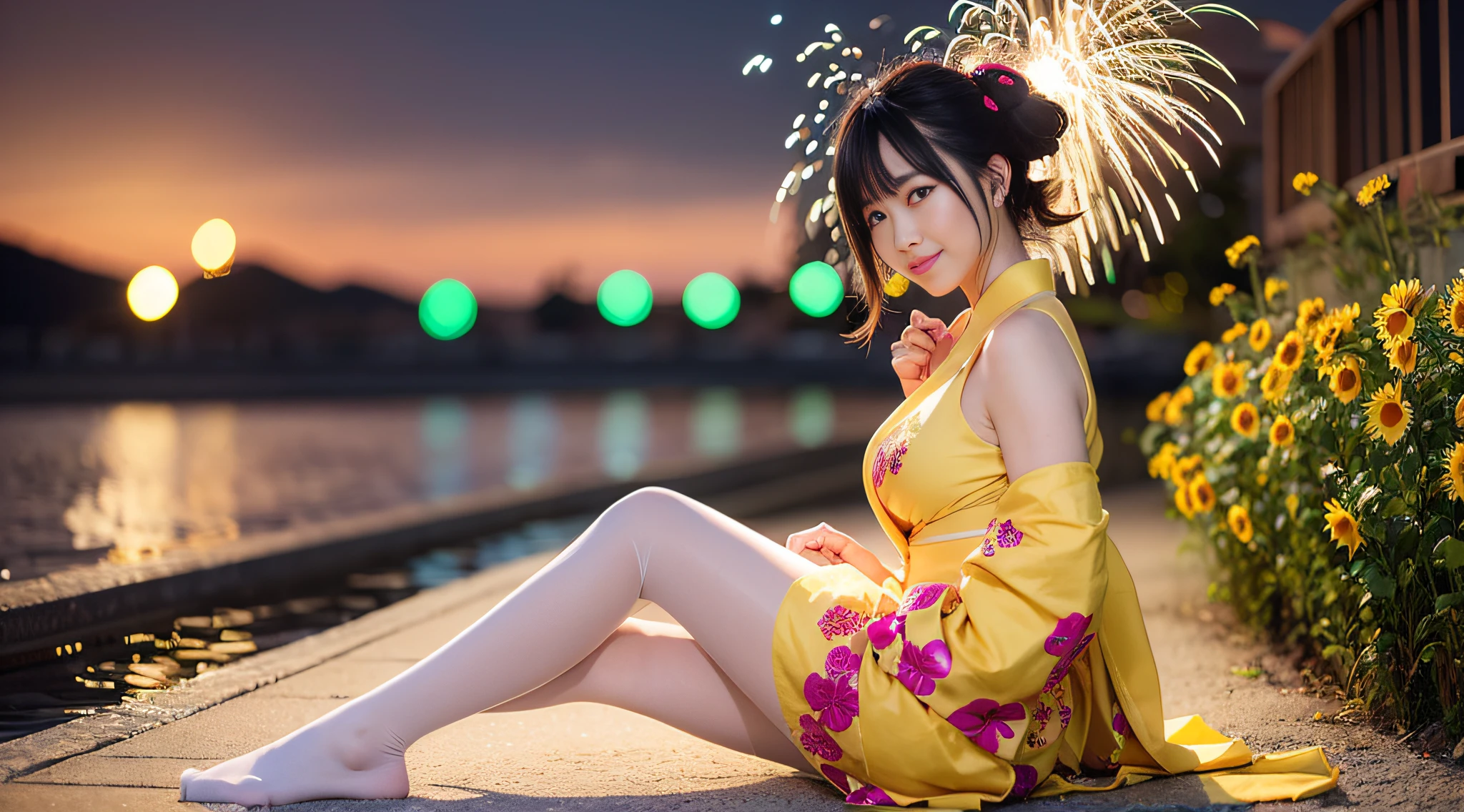 best qualtiy, masutepiece, 超A high resolution, (Photorealistic:1.4), Raw photo,8K, full body Esbian、full-shot、SFW、Long fluffy eyelashes and fluffy wavy bob cut、big bright blue eyes、Graceful figure、Beautiful Japan girl in the image of a geisha with wheat-colored hair,、I stand everywhere on the beach against fireworks. The gatté color of yellow and Japan shoes is yellow、 ((Girls' kimonos are、Intricate patterns of applique and sunflower embroidery are interwoven))、((large breasts with bulging bulge,,))、The scene is very artistic、、In high resolution、The focus is clear and、、、Artistic style of the Migiorni V5、hyperphotorealism、perfectly proportions、the golden ratio、f lare、outlines、 soft glow、softfocus、Photography Techniques Monocle、(Fireworks at night:1.4)、Beautiful starry sky:1.2.(Red high heels:1.3)、(night seaside:1.3)、(Yellow and floral bra:1.3)。(Yellow panties:1.2)、(Close the front of the yukata:1.4)、((White pantyhose:1.3))、((open legs:1.5))、Sit with your butt on the ground、Hands on the ground behind your back