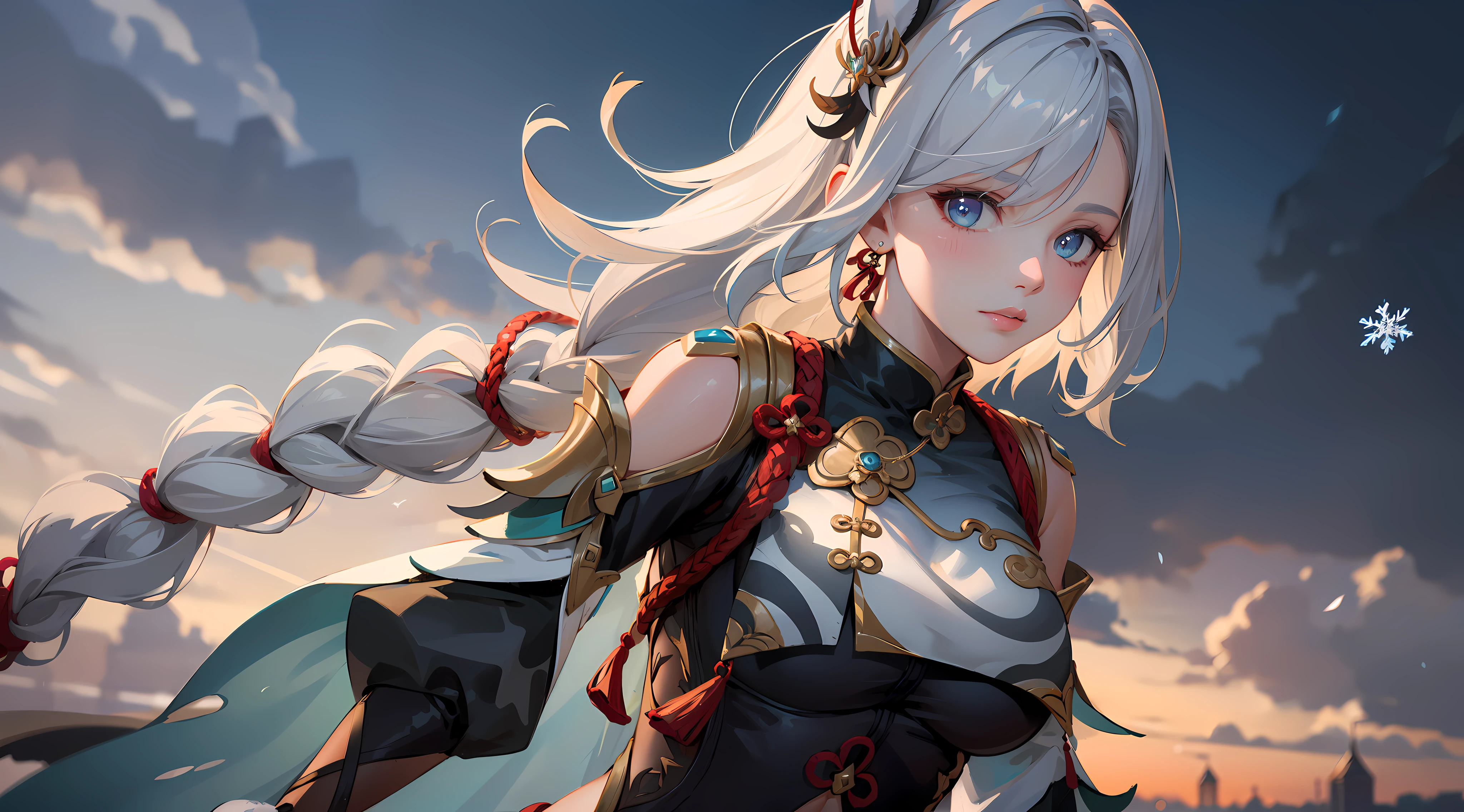 shenhedef, upper body, seductive look, blush, outdoors, snowflake scenery, looking at viewer, cloudy, moody lighting, (perfect detail eyes:1.2), glowing eyes, (long hair one braid:1.2), elemental skill effect, (Masterpiece, Best Quality, High Quality:1.4), professional artwork, Intricate Details, field of view, sharp focus, detailed painting, photorealistic lighting, trending on pixiv, (vivid lighting, vibrant colors:1.05), realistic shadows, ambient occlusion, (athletic body:1.3), mature woman, 30yo, torn clothes