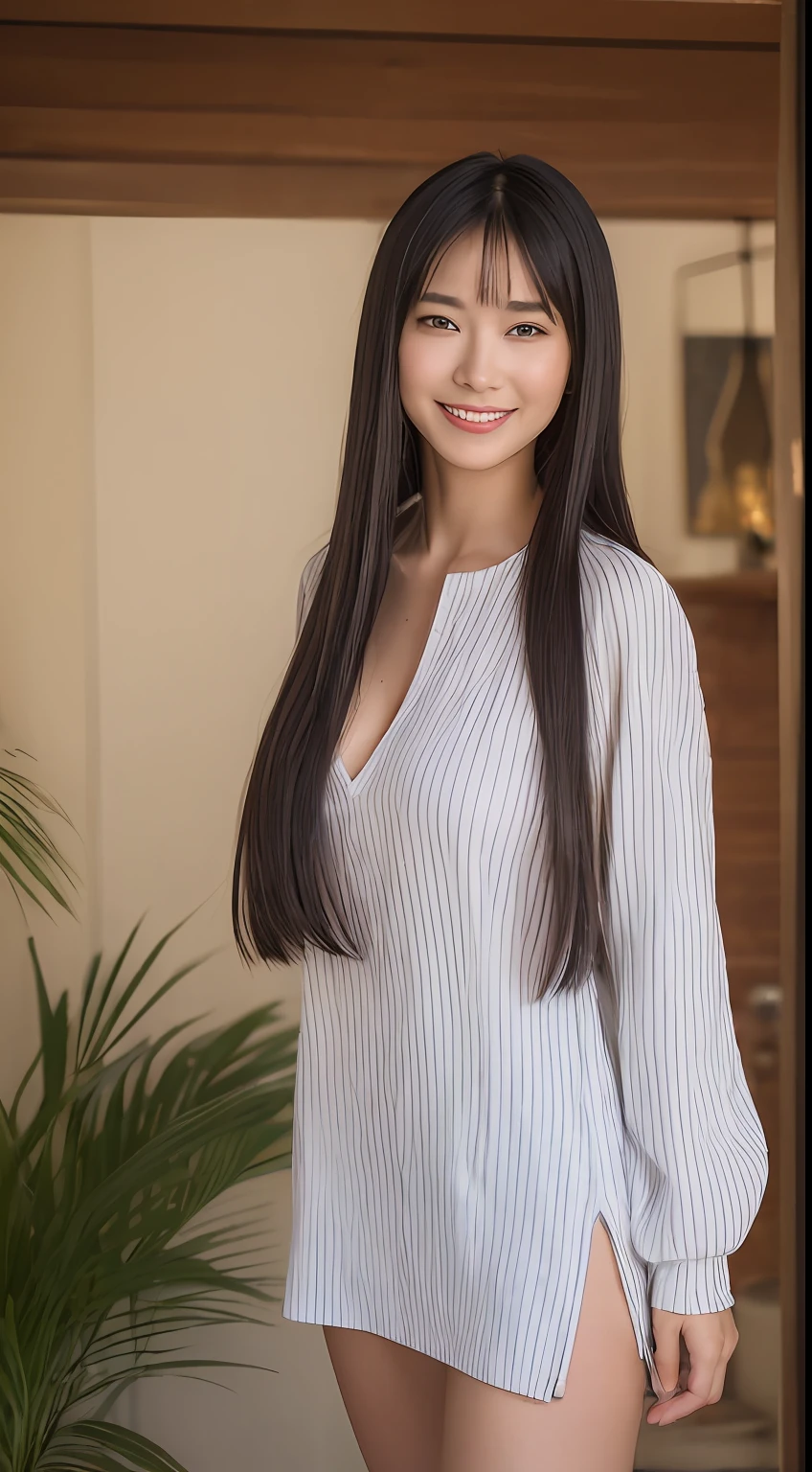 ((Best Picture Quality, 8k, tmasterpiece:1.3)), 1girl, Beautiful woman with slender abs:1.3, (dual horsetail, Expose a little big breasts:1.2), shift dresses:1.1, Ultra-fine face, A detailed eye, 二重まぶた，Tiger Tooth，Smile showing teeth，Home