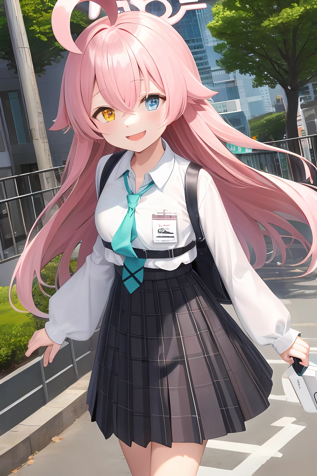 masterpiece, best quality, ultra-detailed, 1girl, hoshino, white shirt, pleated skirt, smile, standing, outdoors