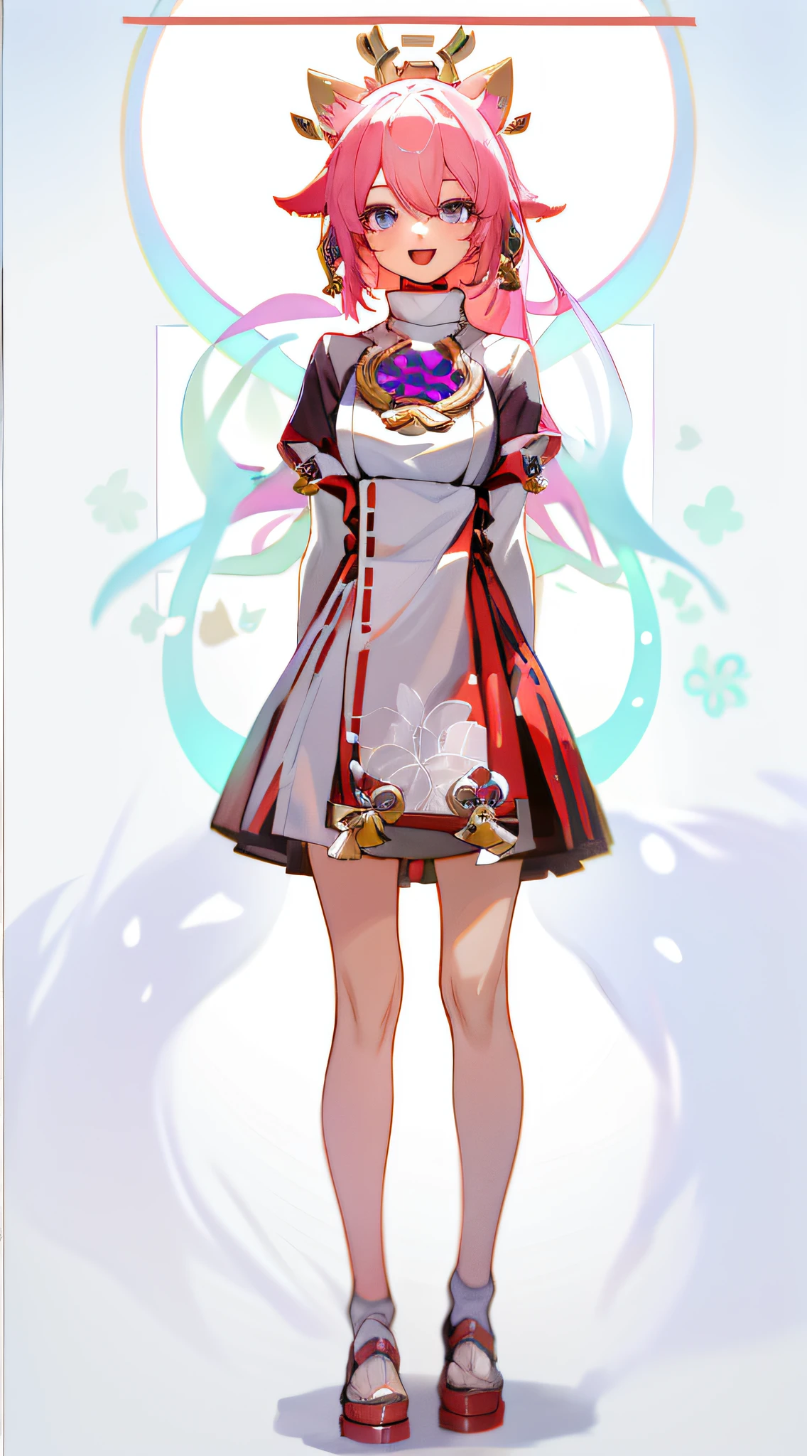 full body, upright, arms at sides, looking at viewer, pure-colored background, 1girl, open mouth, cat ears, smile, yaemikodef