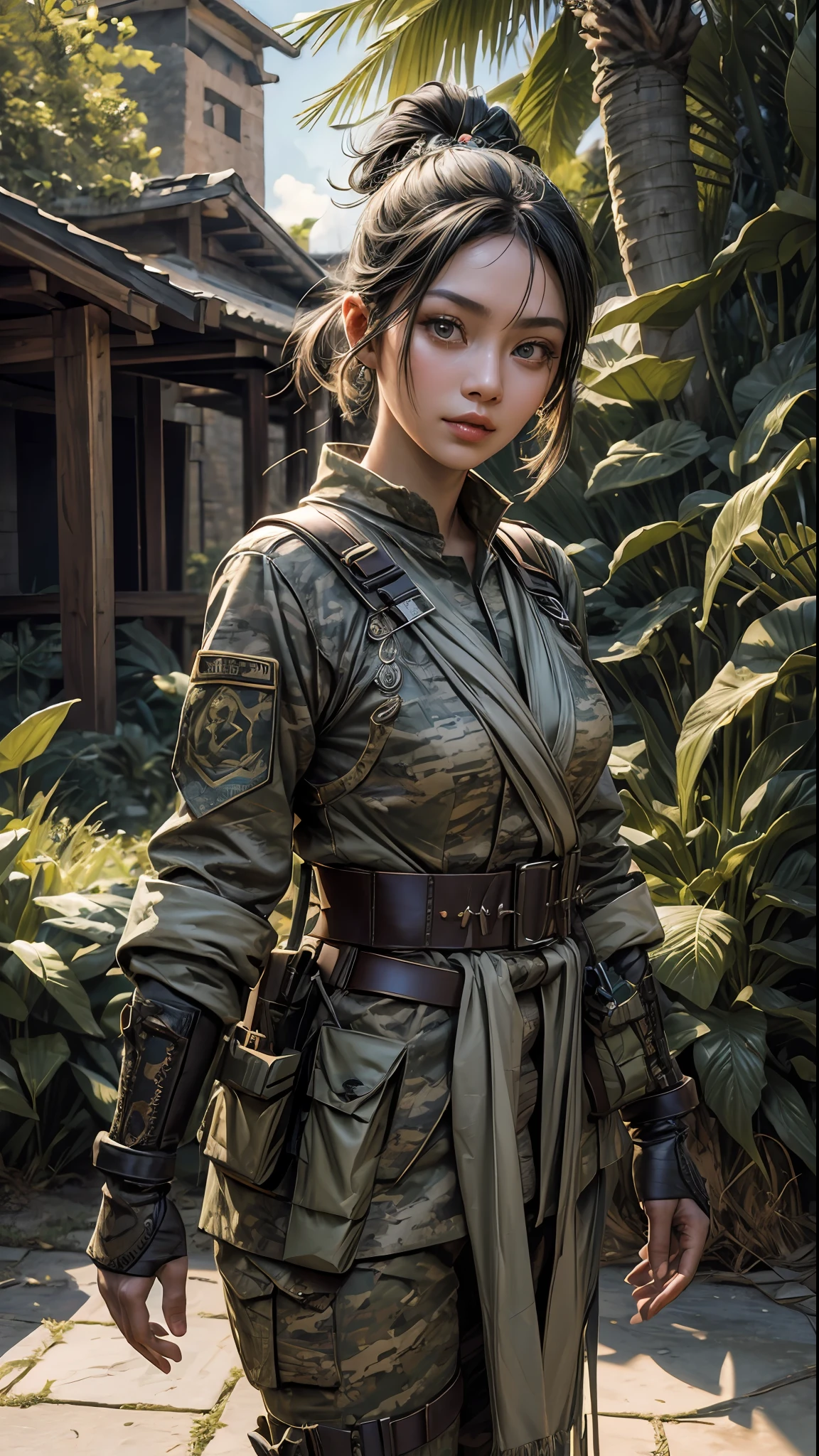 ((Best quality)), ((masterpiece)), (highly detailed:1.3), 3D, beautiful javanese goddess as soldier female (wearing camouflage_uniform:1.1), realistic full long uniform, real life, bandolier (camouflage:1.3),HDR (High Dynamic Range), Ray Tracing,NVIDIA RTX,Super-Resolution,Unreal 5,Subsurface scattering,PBR Texturing,Post-processing,Anisotropic Filtering,Depth-of-field,Maximum clarity and sharpness,Multi-layered textures, Wide aperture, Low ISO, White balance, Rule of thirds, 8K RAW