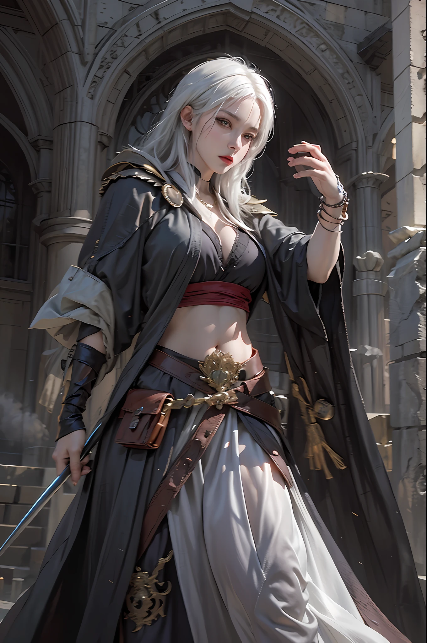 photorealistic, high resolution, 1women, solo, hips up, look at viewer, (detailed face), white hair, sorcerer, dark souls style, fighting with boss, jewelry