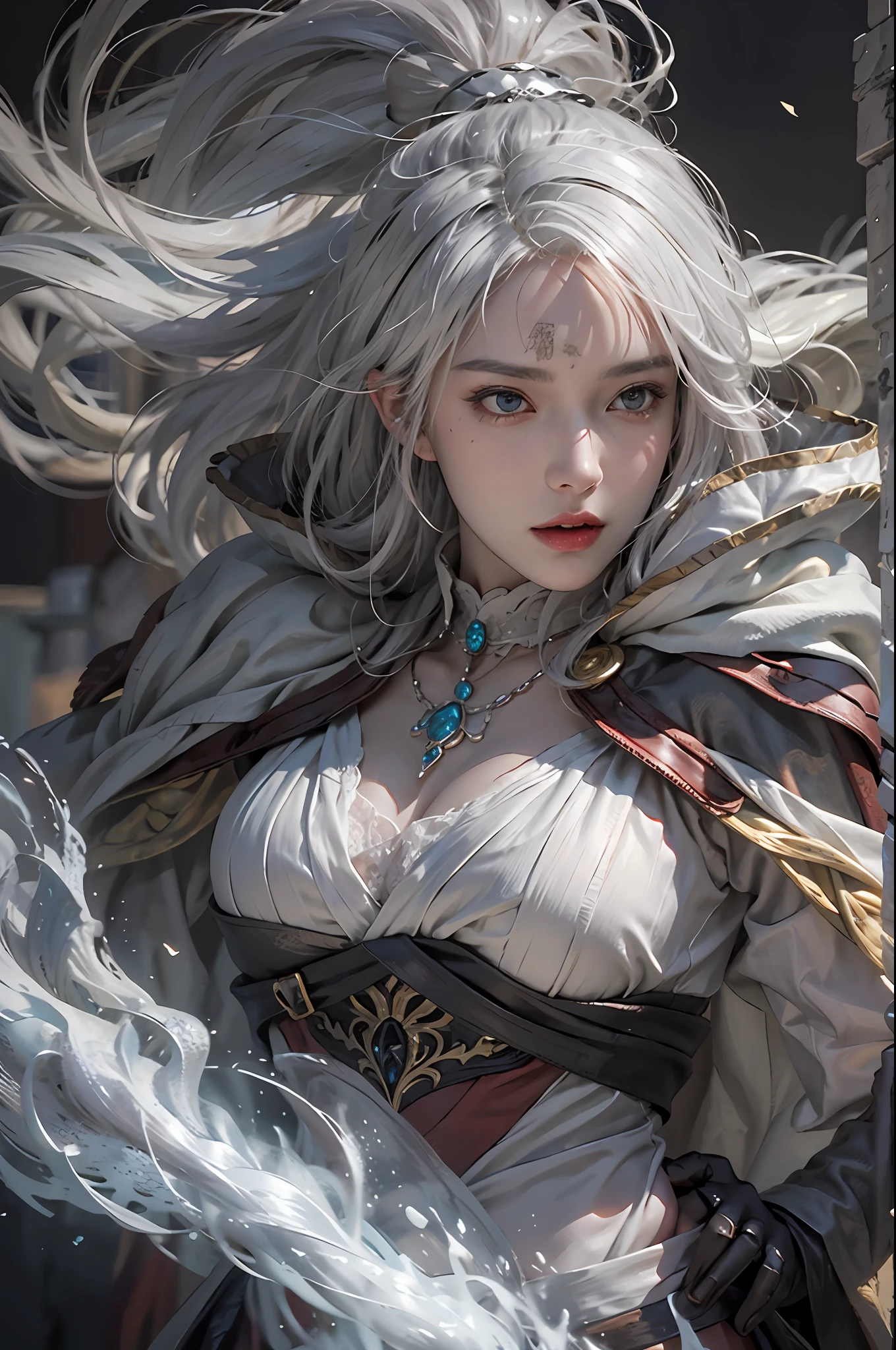 photorealistic, high resolution, 1women, solo, hips up, look at viewer, (detailed face), white hair, sorcerer, dark souls style, fighting with boss, jewelry