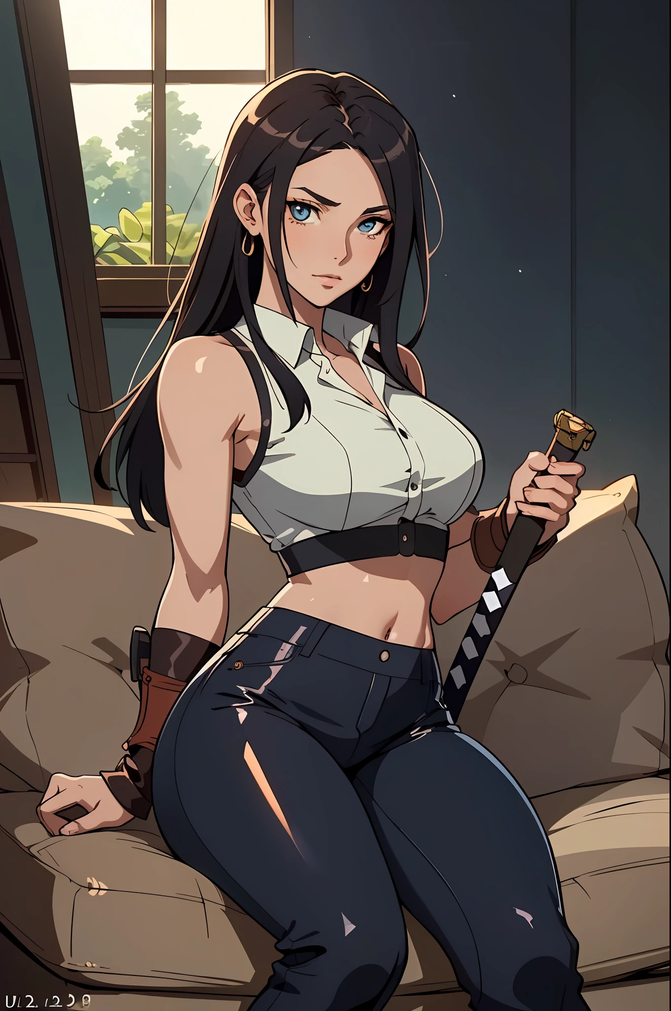 a beautiful woman with long hair, her delicate face exuding a cold and proud gaze, dressed in a high-collared crop top that exposes her waist and sleeveless leather armor, paired with tight-fitting leather pants, showcasing her athletic figure, holds a sword with a blue scabbard in her hand, she lazily sitting on a sofa, the character design depicting a fantasy-style bounty hunter with a Japanese anime design, the artwork features finely detailed character design, showcasing a mature Japanese manga artistic style, ((character concept art)), full body character drawing, high definition, best quality, ultra-detailed, extremely delicate, anatomically correct, symmetrical face, extremely detailed eyes and face, high quality eyes, creativity, RAW photo, UHD, 8k, (Natural light, professional lighting:1.2, cinematic lighting:1.5), (masterpiece:1.5)