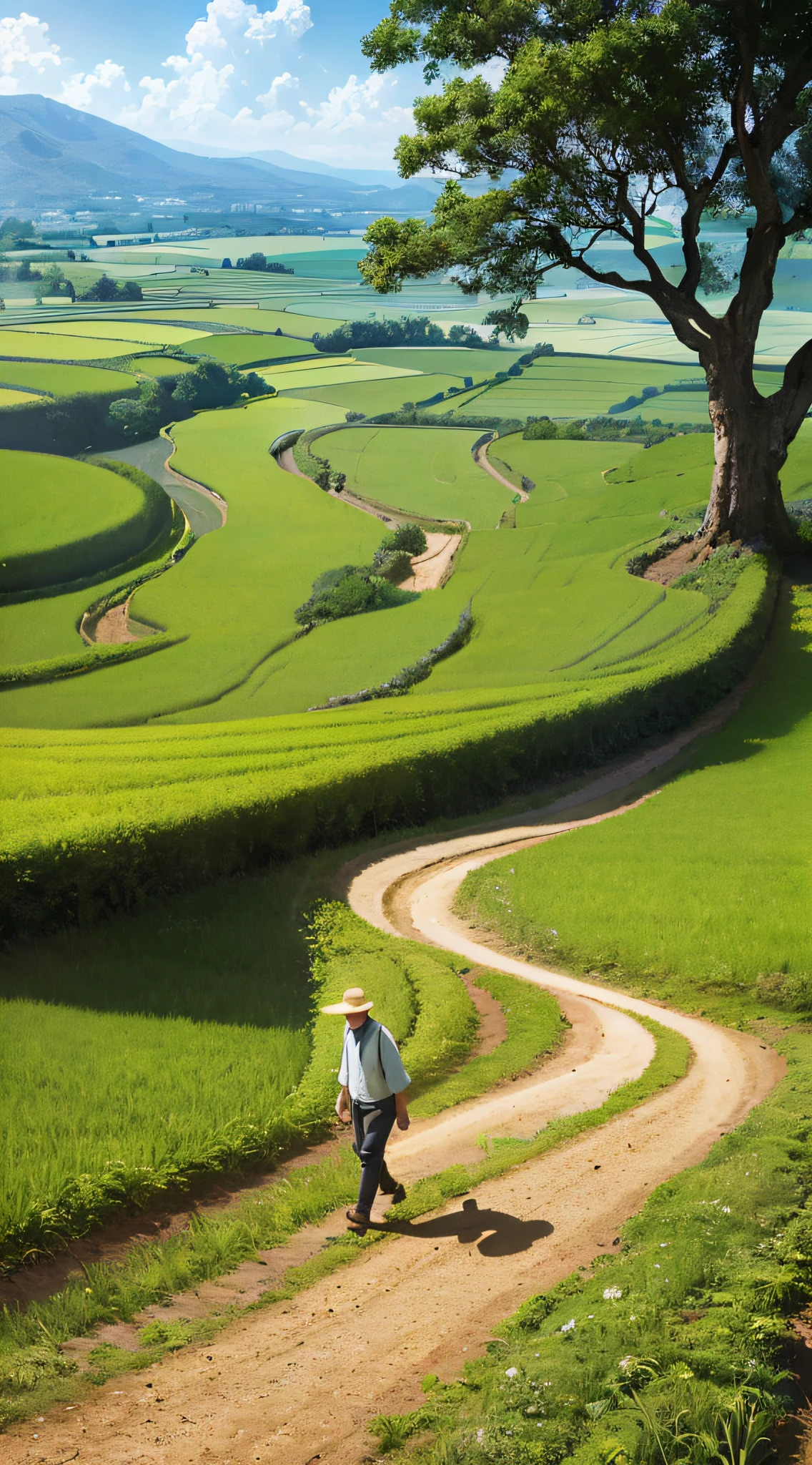 An old farmer carrying a flat burden, walking on the winding path of the countryside, big clouds, blue sky, rice fields, neat rice seedlings in the field, forest, hillside, secluded, countryside, HD detail, hyper-detail, cinematic, surrealism, soft light, deep field focus bokeh, ray tracing and surrealism. --v6