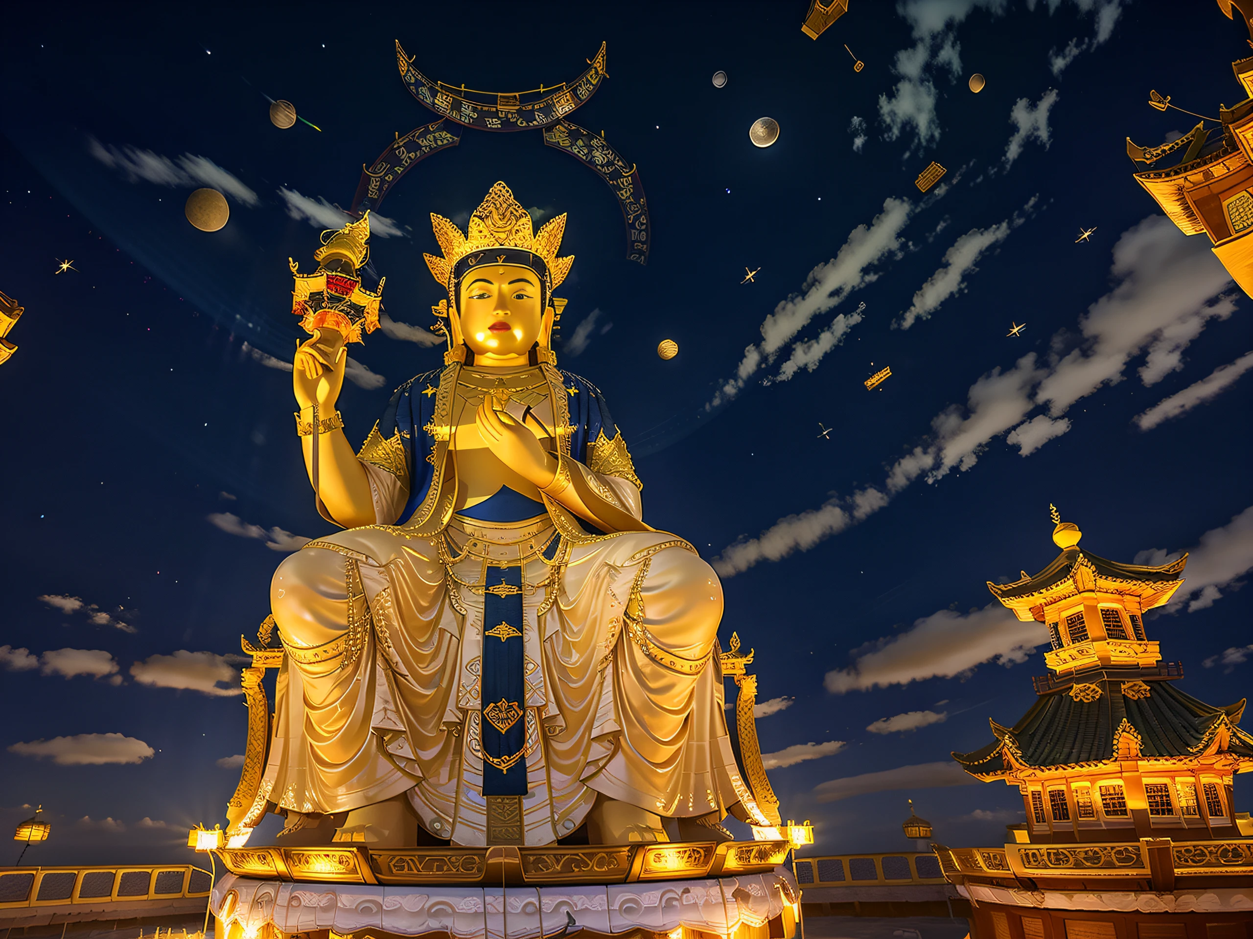 Mila, Maitreya Bodhisattva,Maitreya, a large golden buddha statue sitting in a room with a blue ceiling and a blue sky background with clouds, above_clouds, airship, aurora, bridge, building, castle, chimney, city, city_lights, cityscape, clock, clock_tower, cloud, cloudy_sky, constellation, crescent_moon, desert, earth_\(planet\), fireworks, floating_island, fountain, galaxy, glowing, house, island, lamppost, lantern, light_particles, milky_way, moon, mountain, night, night_sky, no_humans, planet, scenery, shooting_star, sky, skyline, skyscraper, snow, snowing, space, star_\(sky\), star_\(symbol\), starry_sky, starry_sky_print, telescope, tower, town, twilight, watercraft