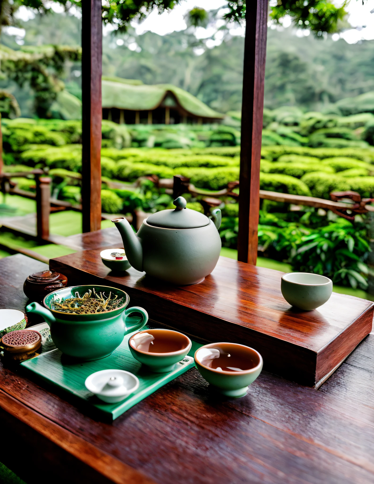 In a small pavilion in a tea plantation，There was a pot of tea on the tea table，Purple clay teapot，A couple of small cups，Organic pieces of green tea dropped on a wooden table，k hd，SENSE OF CINEMA，Clouds fluttering，