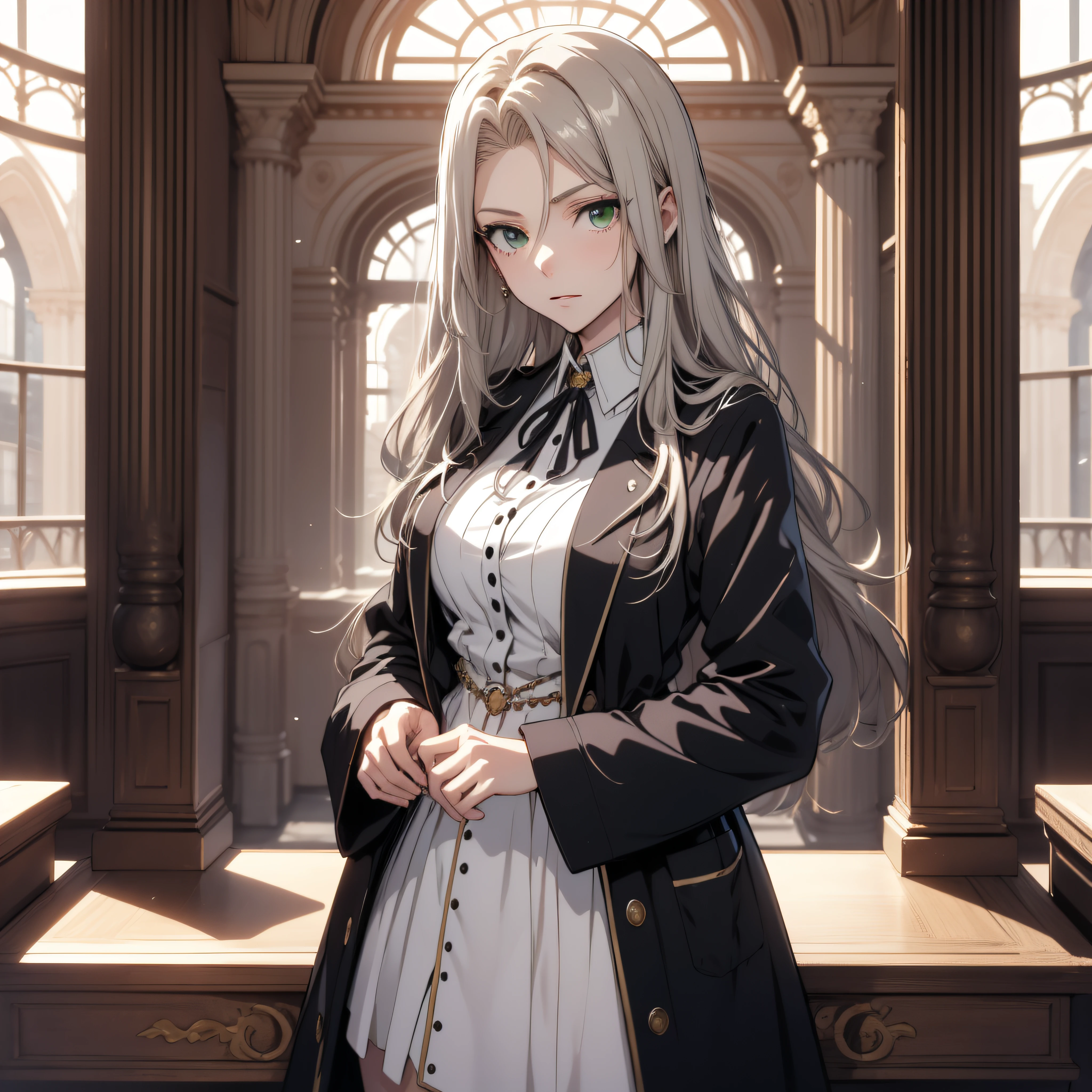 (best quality, masterpiece, ultra-detailed, extremely detailed, highres), 18 years old Anime girl, long raven hair, slightly wavy hair, parted bangs, Magus, green eyes, long black coat, white shirt, black skirt, aristocrat, noble attire, beautiful, ethereal, elegant, prestigious, classic, royal building