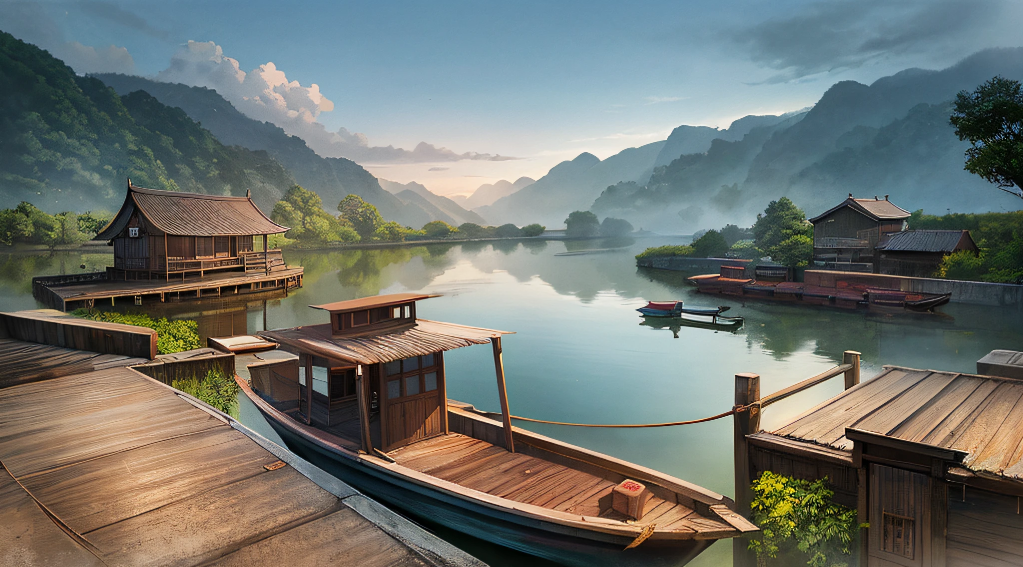 muted chinese ink painting, muted colors, rice paper texture, splash paint, Ninh Binh town, boat, red sun, Old cottage. Lakeside. Morning light. Clouds wet to wet techniques.
