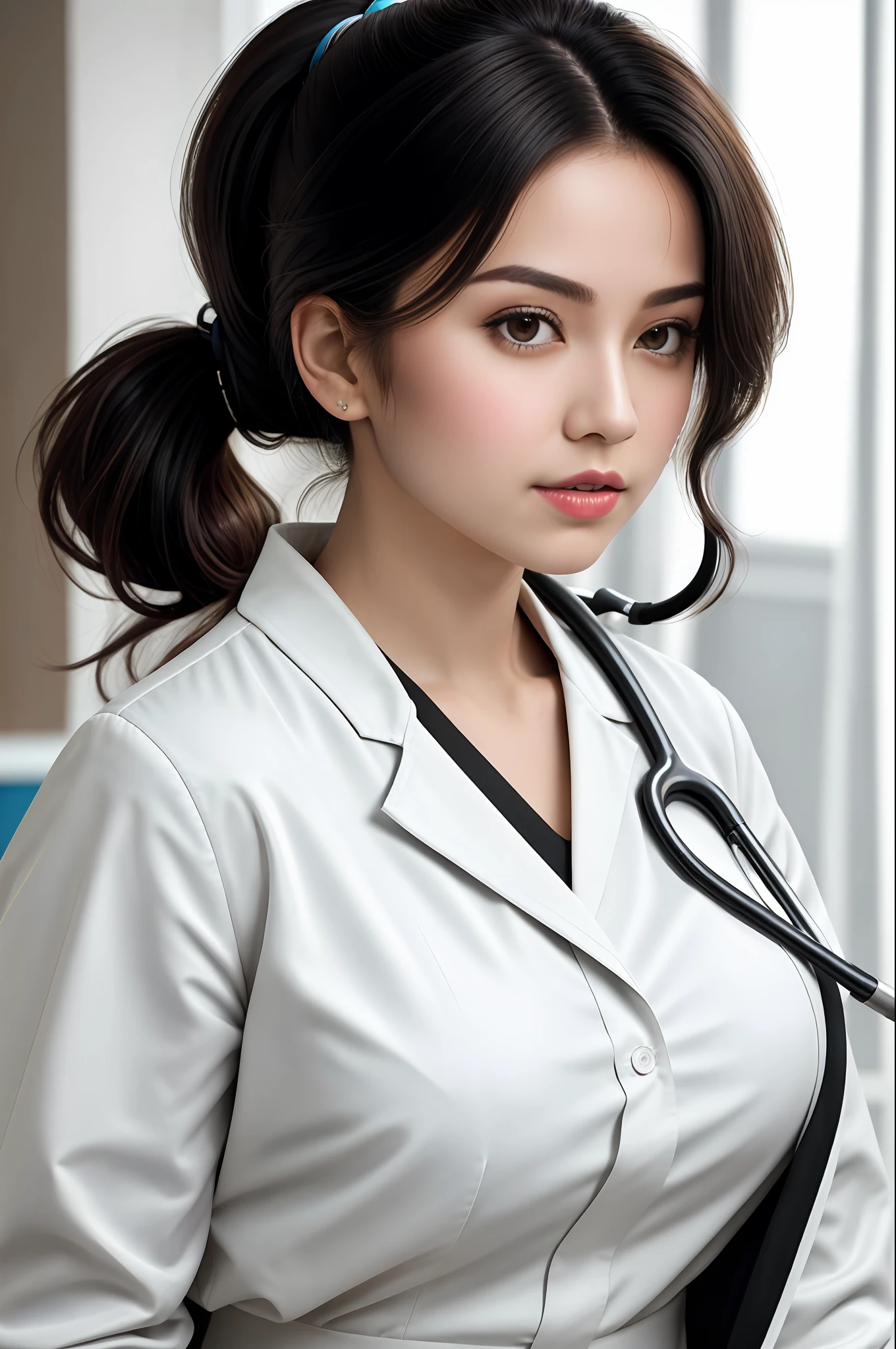 RAW, ultra detail hair, ultra detail skin, , (high detailed skin:1.2), 8k uhd, ultra hd, dslr, soft lighting, high quality, film grain, Fujifilm XT3 
(pov:1.3), from front,  (head to waist shot:1.0), a portrait photo of 22 y.o woman in (doctor coat:1.2), (white blouse:1.2), (wavy short pony tail black hair :1.2), pale skin, slim body, large boob, (Stethoscope on her neck:1.1),
background pure sky ,in hospital, lab room