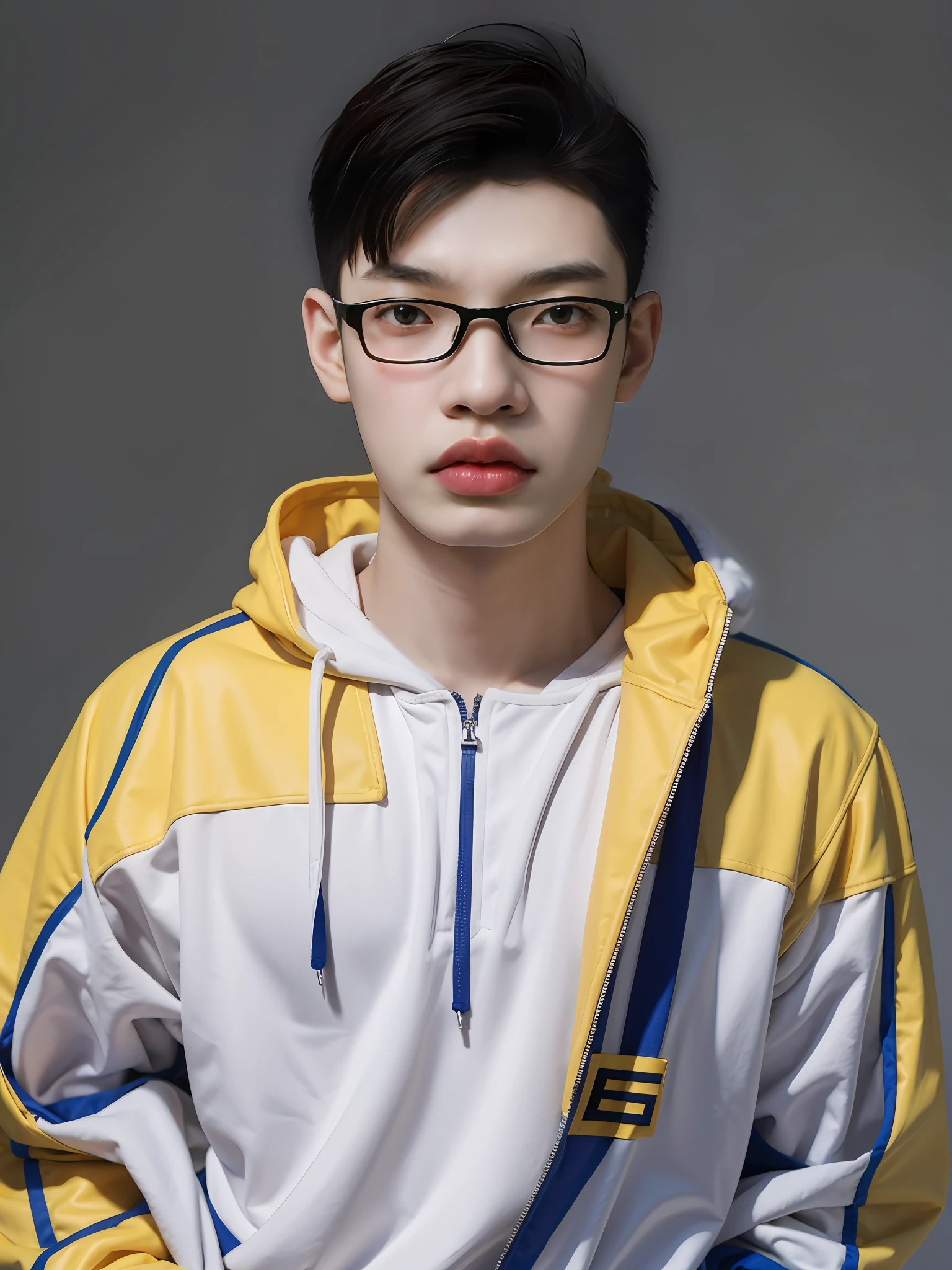 A Chinese male high school student,Wear a PVC color sweatshirt