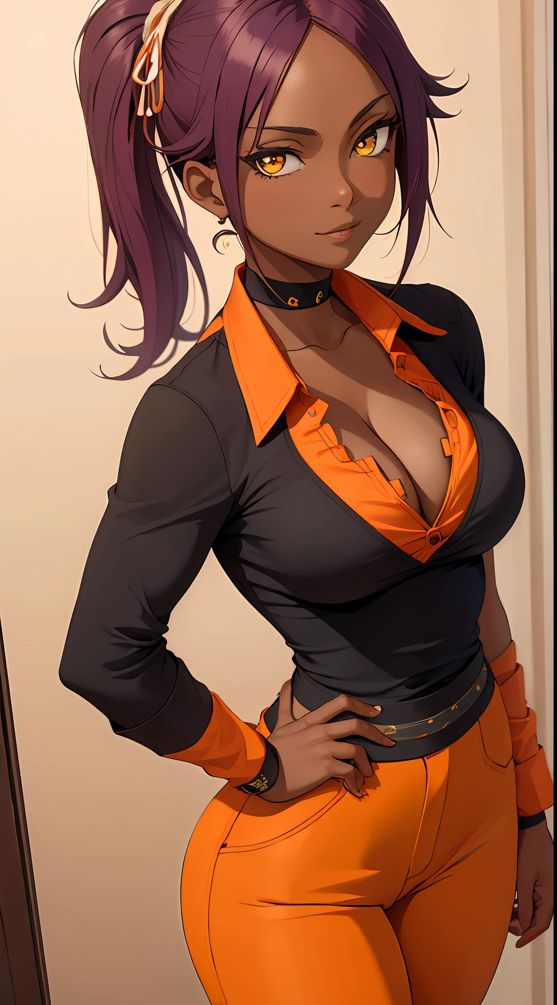 (Masterpiece, Best quality:1.2),upperbody closeup, Solo, 1girll, (cleavage:1.5)，shihouin yoruichi, view the viewer, Hands on hips, pony tails, Orange shirt, Long sleeves, Black pants，Dark  skin，tight-fitting