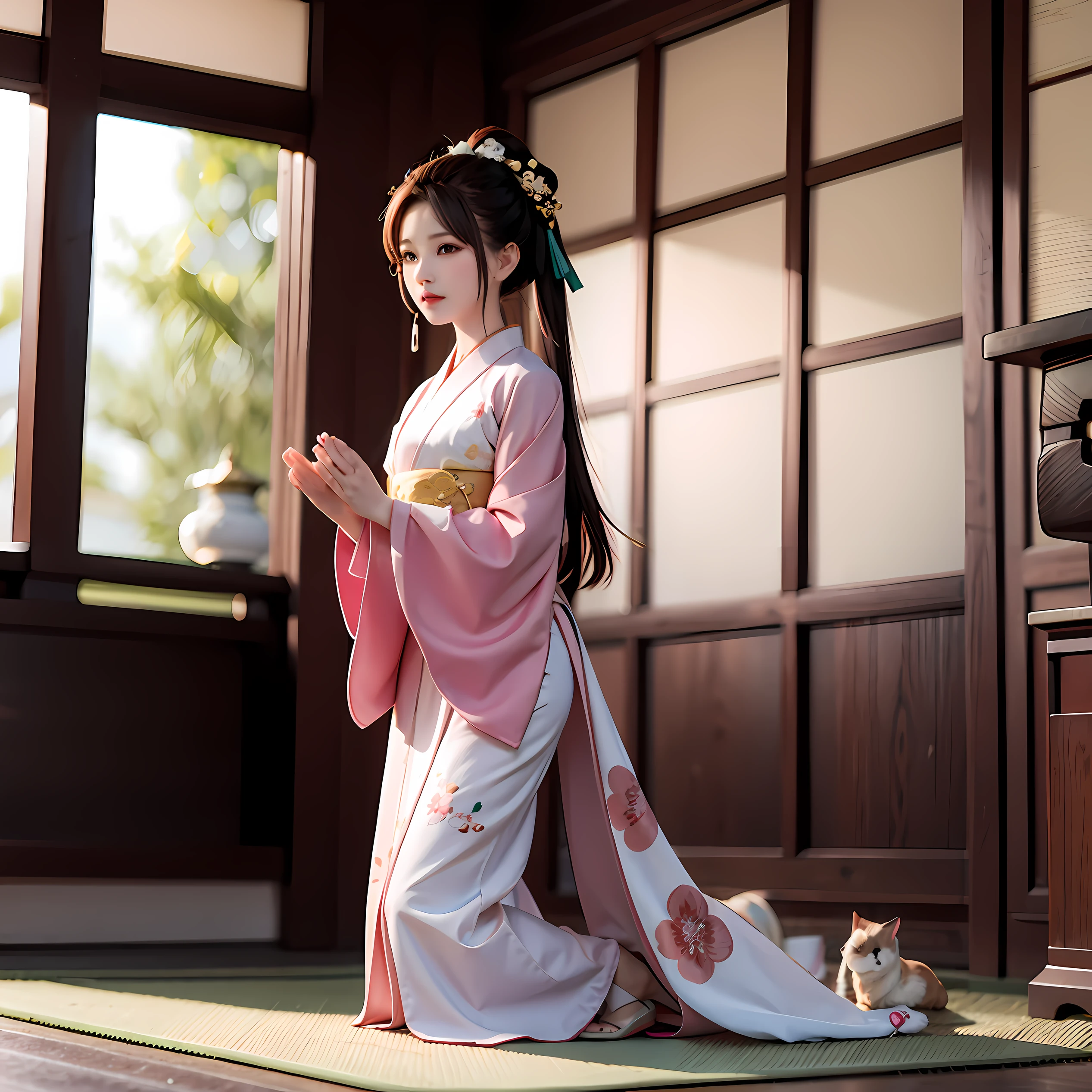 Hu Tao de Genshin impact, en kimono rosa, praying in a Japanese temple