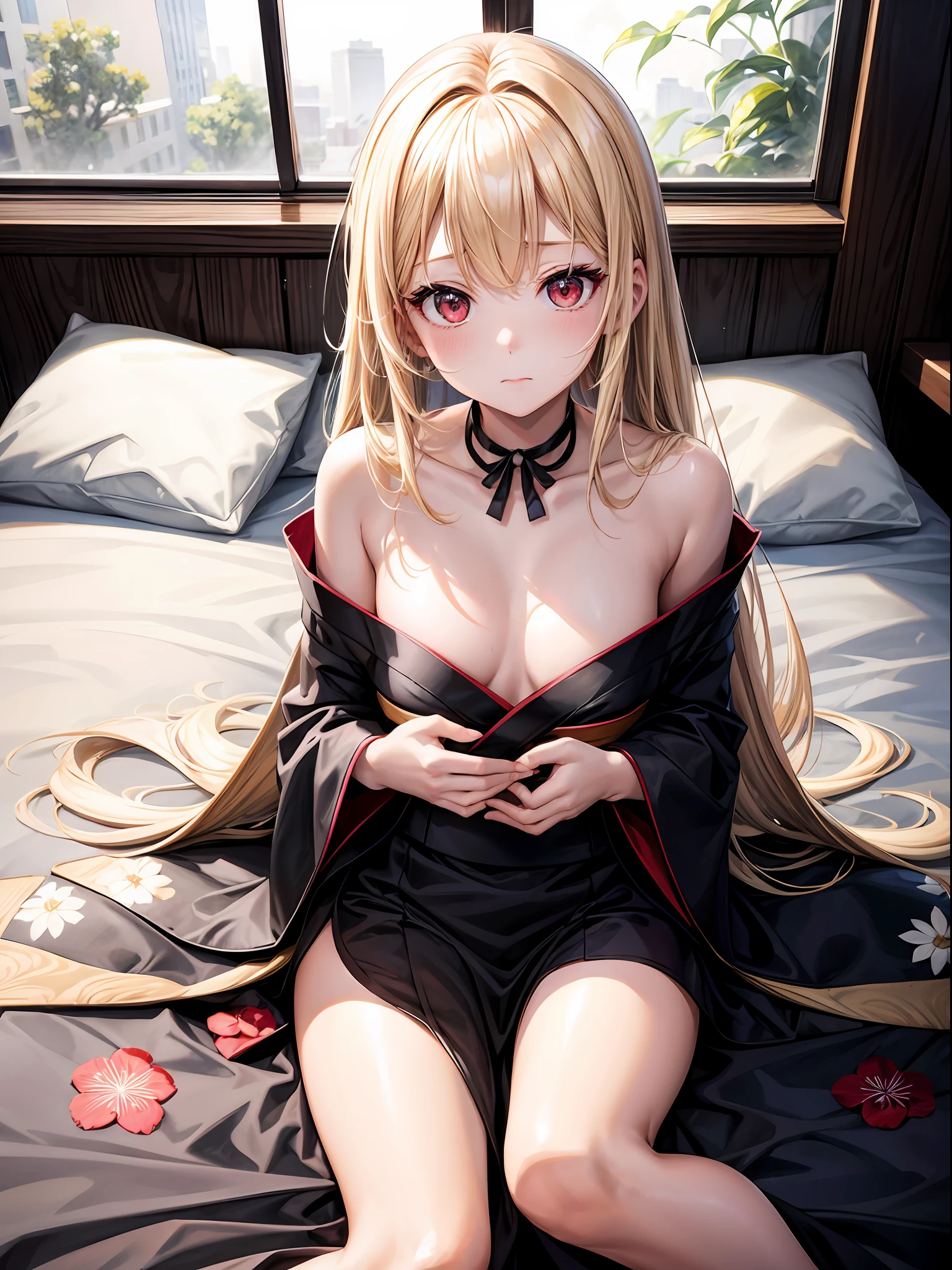 top-quality、1girl in,a blond、Longhaire、Red Eyes、Red cheeks、a small face、Shy look、Hold your mouth with your hands、View here、black kimono dress:1.2、with floral pattern:1.1、Shoulder out:1.3、Putting out the chest:1.3、Thin leg、darkened room、Lying on a white bed、laying on back:1.5、open one's legs、Angle from diagonally above、masterpiece、NSFW:1.5