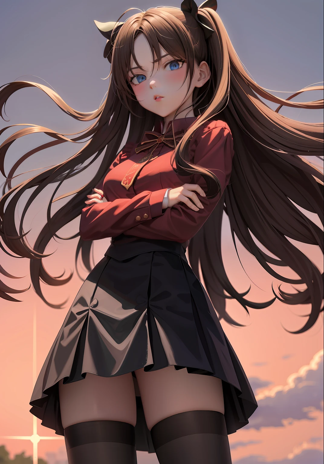 tmasterpiece,Best quality at best,1girl,tohsaka rin,独奏,long whitr hair,Stockings,a skirt,eBlue eyes,Both sides up,Black stockings,brunette color hair,crossed arms,(kbxll:0.6)