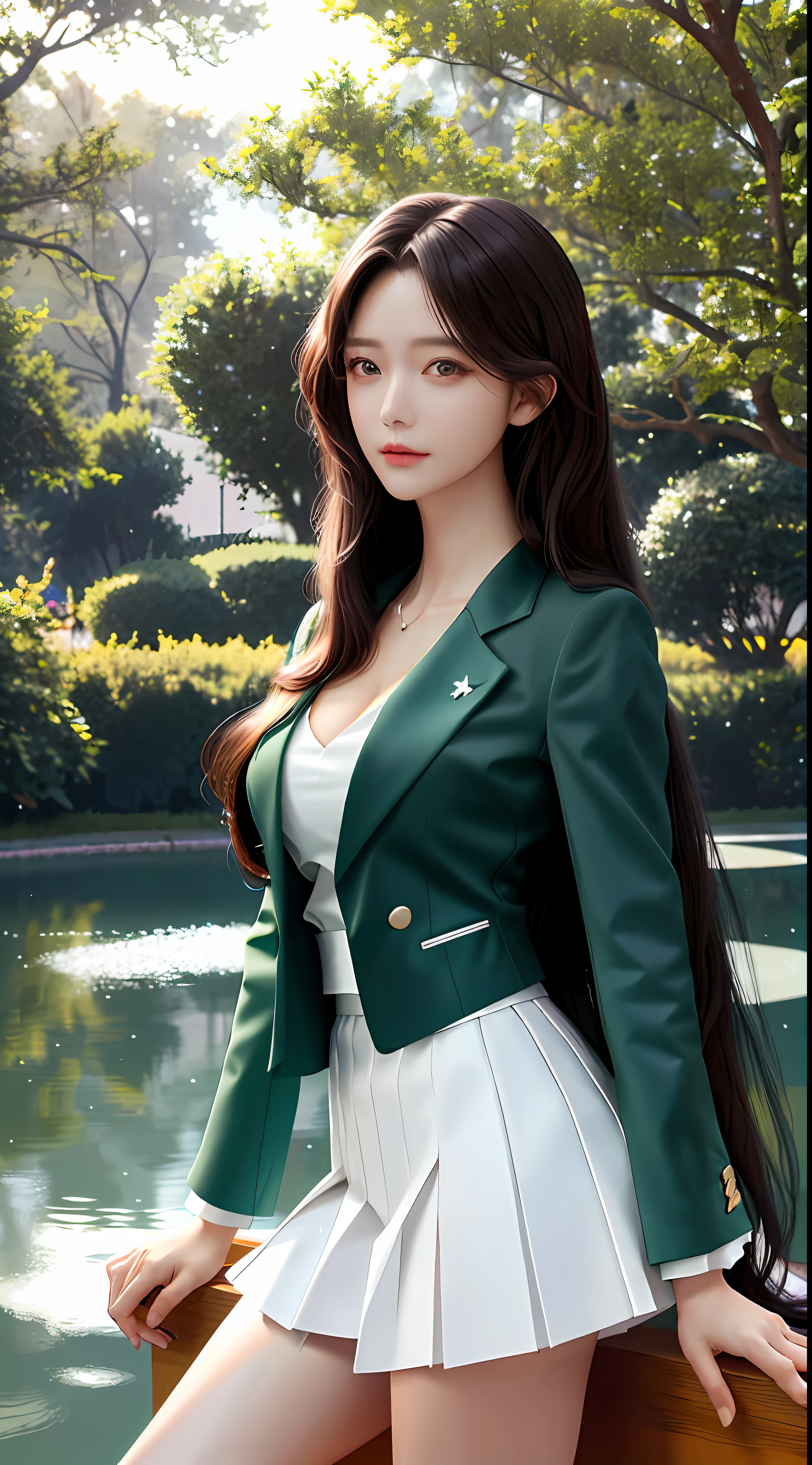 8k ultra hd, masterpiece, high quality, 1 girl, good face, smooth skin, detailed eyes, detailed lips, hair, very long hair, spreading hair, medium breasts, formal dress, green formal blazer, white short skirt, good mood, rim lighting, office background,