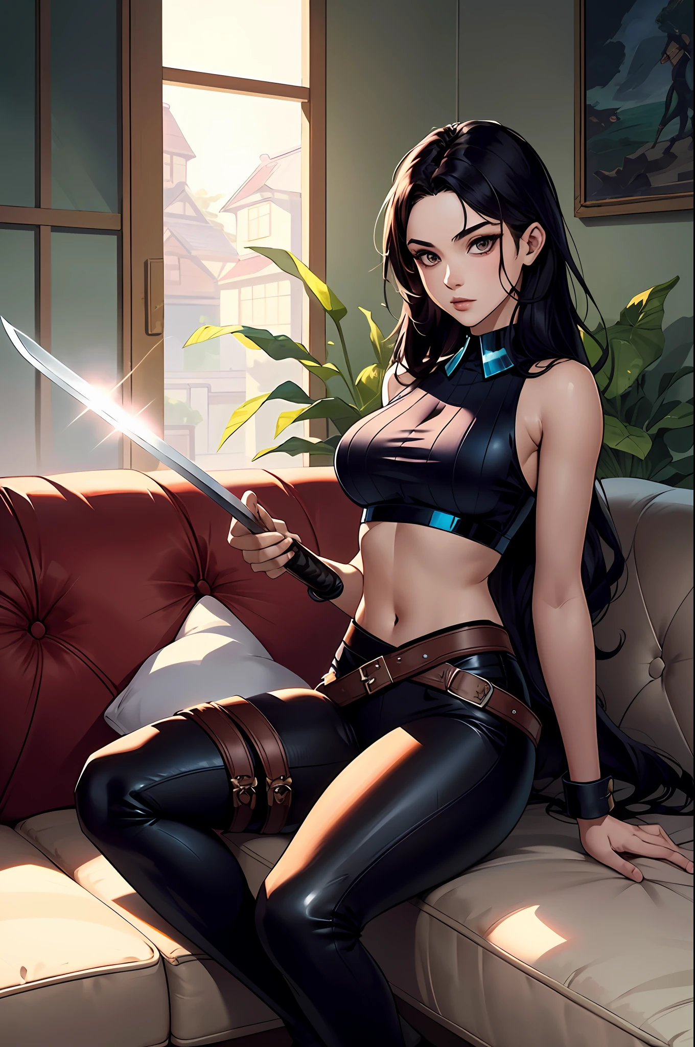 a beautiful woman with long hair, her delicate face exuding a cold and proud gaze, dressed in a high-collared crop top that exposes her waist and sleeveless leather armor, paired with tight-fitting leather pants, showcasing her athletic figure, holds a sword with a blue scabbard in her hand, she lazily sitting on a sofa, the character design depicting a fantasy-style bounty hunter with a Japanese anime design, the artwork features finely detailed character design, showcasing a mature Japanese manga artistic style, ((character concept art)), full body character drawing, high definition, best quality, ultra-detailed, extremely delicate, anatomically correct, symmetrical face, extremely detailed eyes and face, high quality eyes, creativity, RAW photo, UHD, 8k, (Natural light, professional lighting:1.2, cinematic lighting:1.5), (masterpiece:1.5)