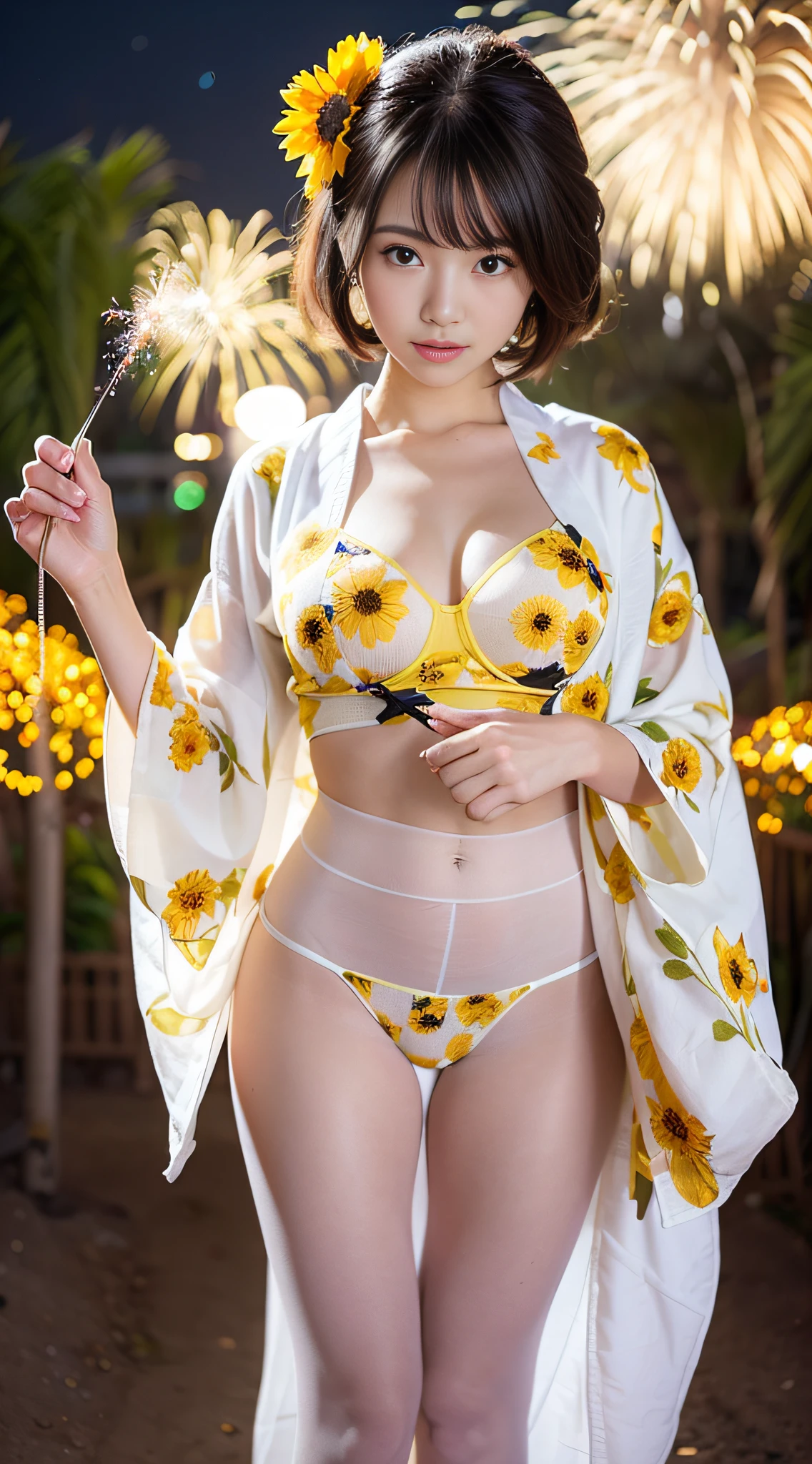 best qualtiy, masutepiece, 超A high resolution, (Photorealistic:1.4), Raw photo,8K, full body Esbian、full-shot、SFW、Beautiful Japan girl in the image of a geisha with long fluffy eyelashes and fluffy wavy bob cut with big bright blue eyes and graceful figure and wheat-colored hair,、I stand everywhere on the beach against fireworks. Yellow and Japan shoes gatte color yellow、 ((Girls' kimonos are、Intricate patterns of appliqués and sunflower embroidery are interwoven))、((large breasts with bulging bulge,))、The scene is very artistic、、In high resolution、The focus is clear and、、Artistic style of the Migiorni V5、hyperphotorealism、perfectly proportions、the golden ratio、f lare、outlines、 soft glow、softfocus、Photography Techniques Monocle、(Fireworks at night:1.4)、(White pantyhose:1.2)、Beautiful starry sky:1.2.(Red high heels:1.3)、(night seaside:1.3)、(Yellow and floral bra:1.3)。(Yellow panties:1.2)、(Close the front of the yukata:1.4)