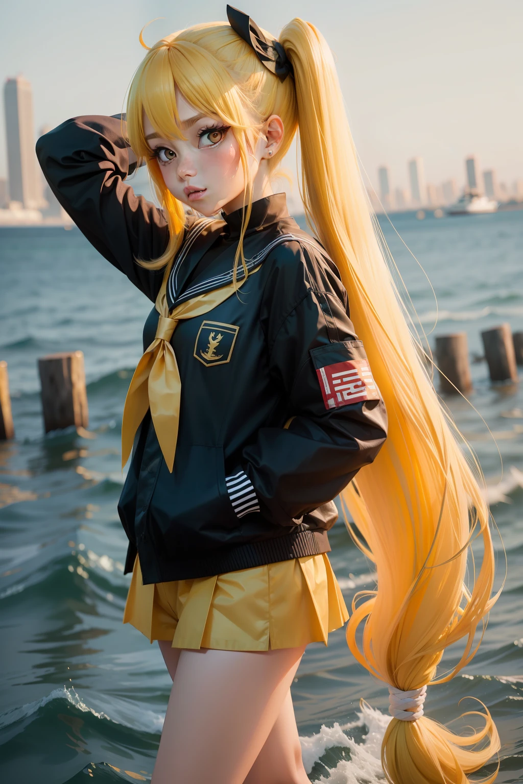 Two-dimensional ,Long yellow hair with double ponytail,a sailor suit,orthofacial