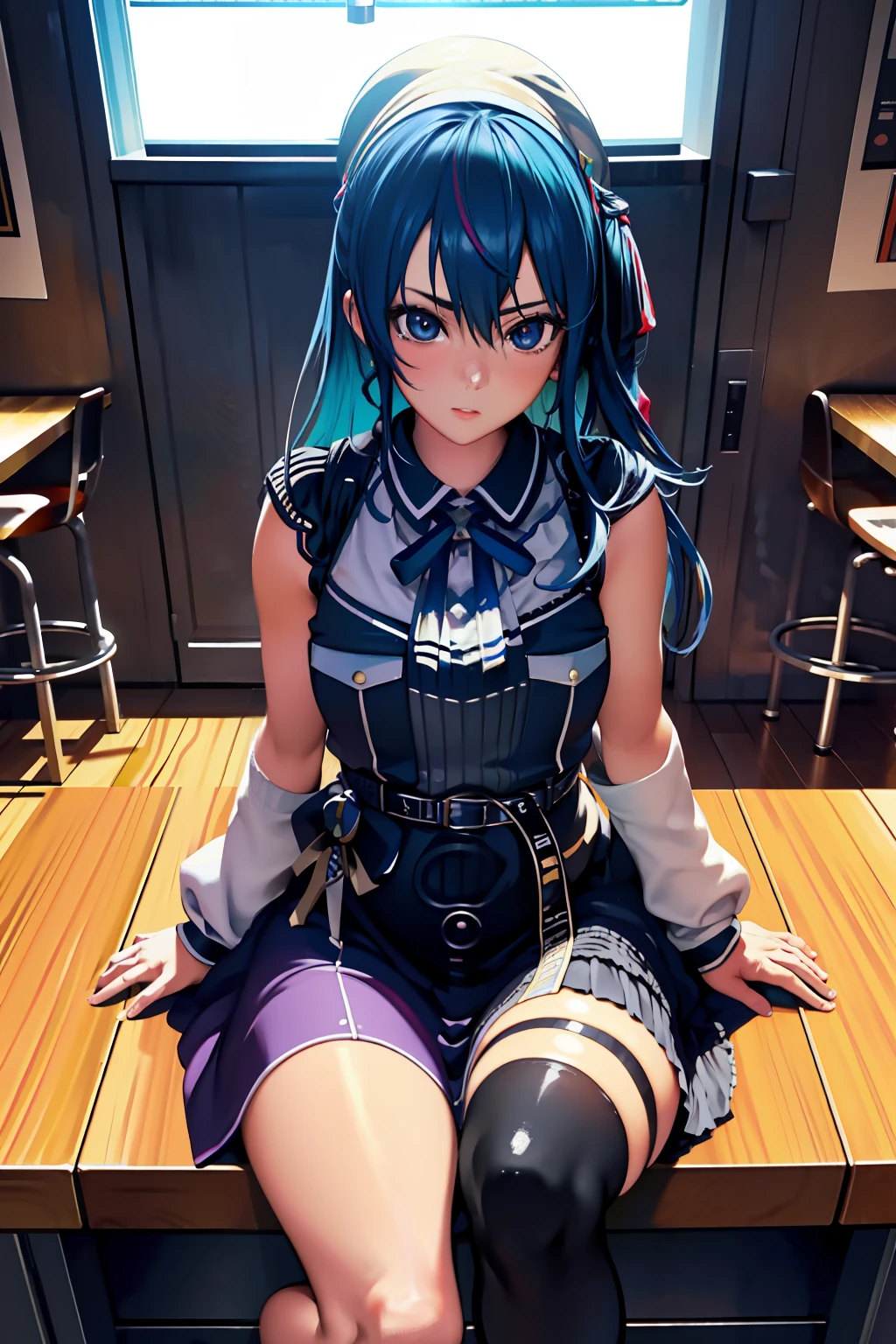 （tmasterpiece，k hd，hyper HD，4K）Light，japanaese girl，lifting up skirt，whitethighhighs，soft thighs，Glossy thighs，sitting at bar，Face-to-face perspective，（From the angle below），Sit on a bar chair，sitting in front，Bar background，Seating background，Feet dangling，Crotch zoom camera，full bodyesbian，Show your feet，No shoes，Head down and sleepy-eyed，looking at the viewer only， best qualtiy， hyper HD， （realisticlying：1.4），A high resolution， the detail， RAW photogr， Sharp Re， Nikon D850 Film Stock Photo by Jefferies Lee 4 Kodak Portra 400 Camera F1.6 shots, Rich colors, ultra-realistic vivid textures, Dramatic lighting, Unreal Engine Art Station Trend, cinestir 800，