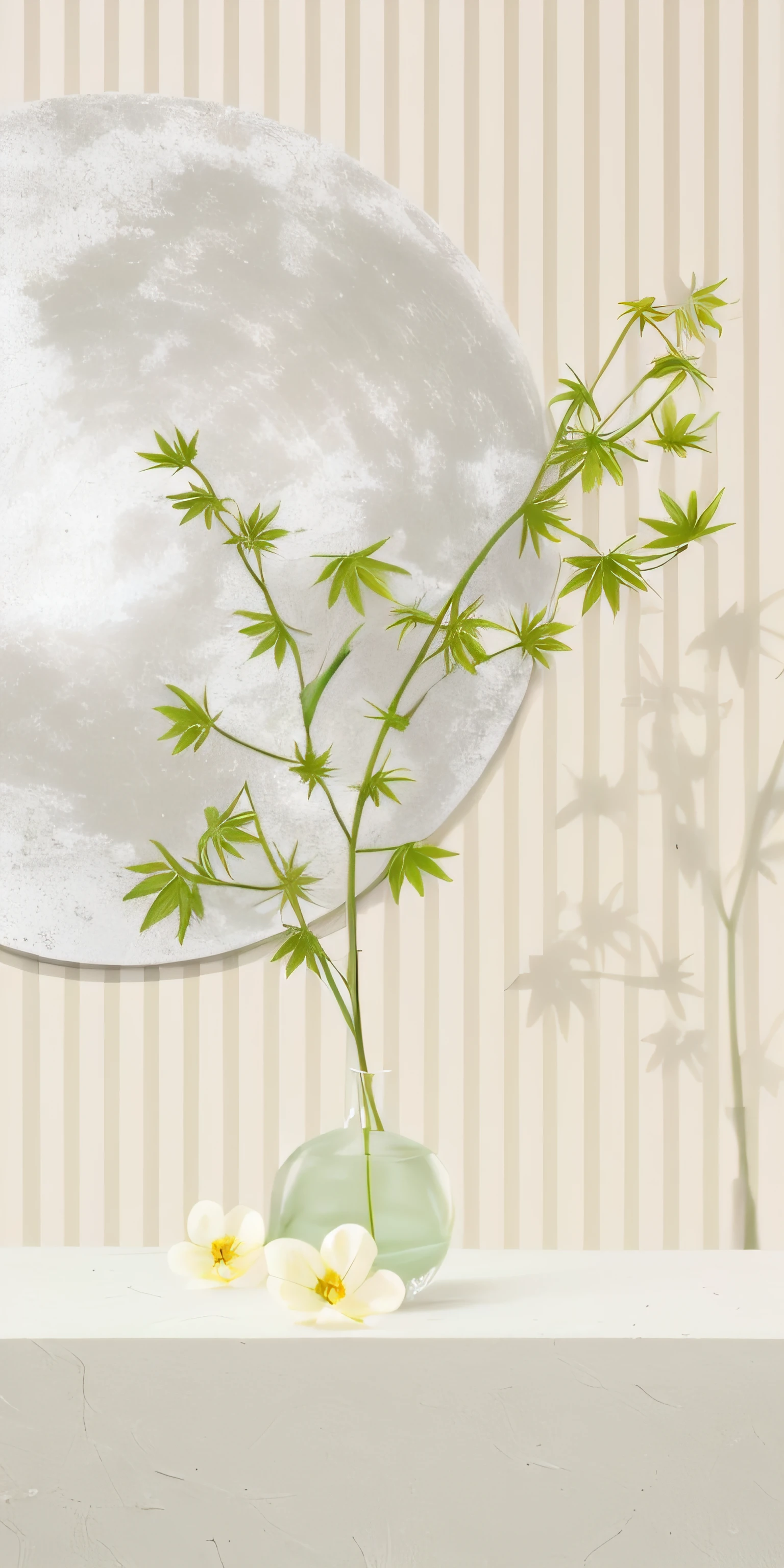 There is a vase on the table,There is a plant inside, Plants in a glass vase,There are 2 white flowers on the tabletop