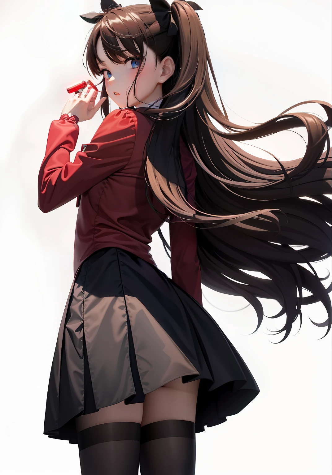 tmasterpiece，Best quality at best，1girl，tohsaka rin，独奏，long whitr hair，Stockings，a skirt，eBlue eyes，Both sides up，Black stockings，brunette color hair，crossed arms，（kbxll：0.6）