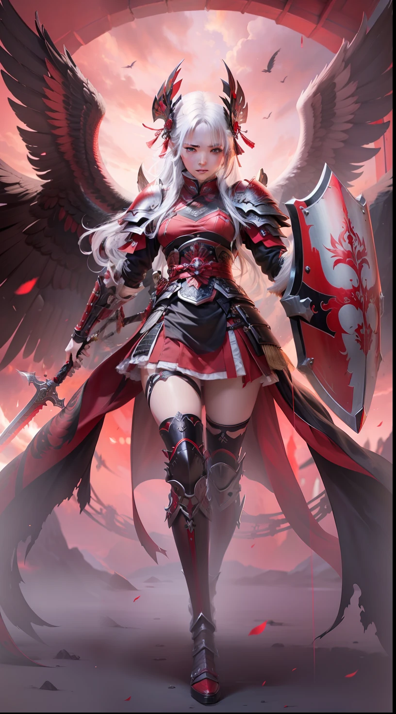 (best quality, masterpiece:1.1), (realistic:1.4), 1girl, beautiful face, sword in right hand, shield in left hand, red and black shogun armor, shogun helmed, 6 red and black wings, silver hair, ultra detailing