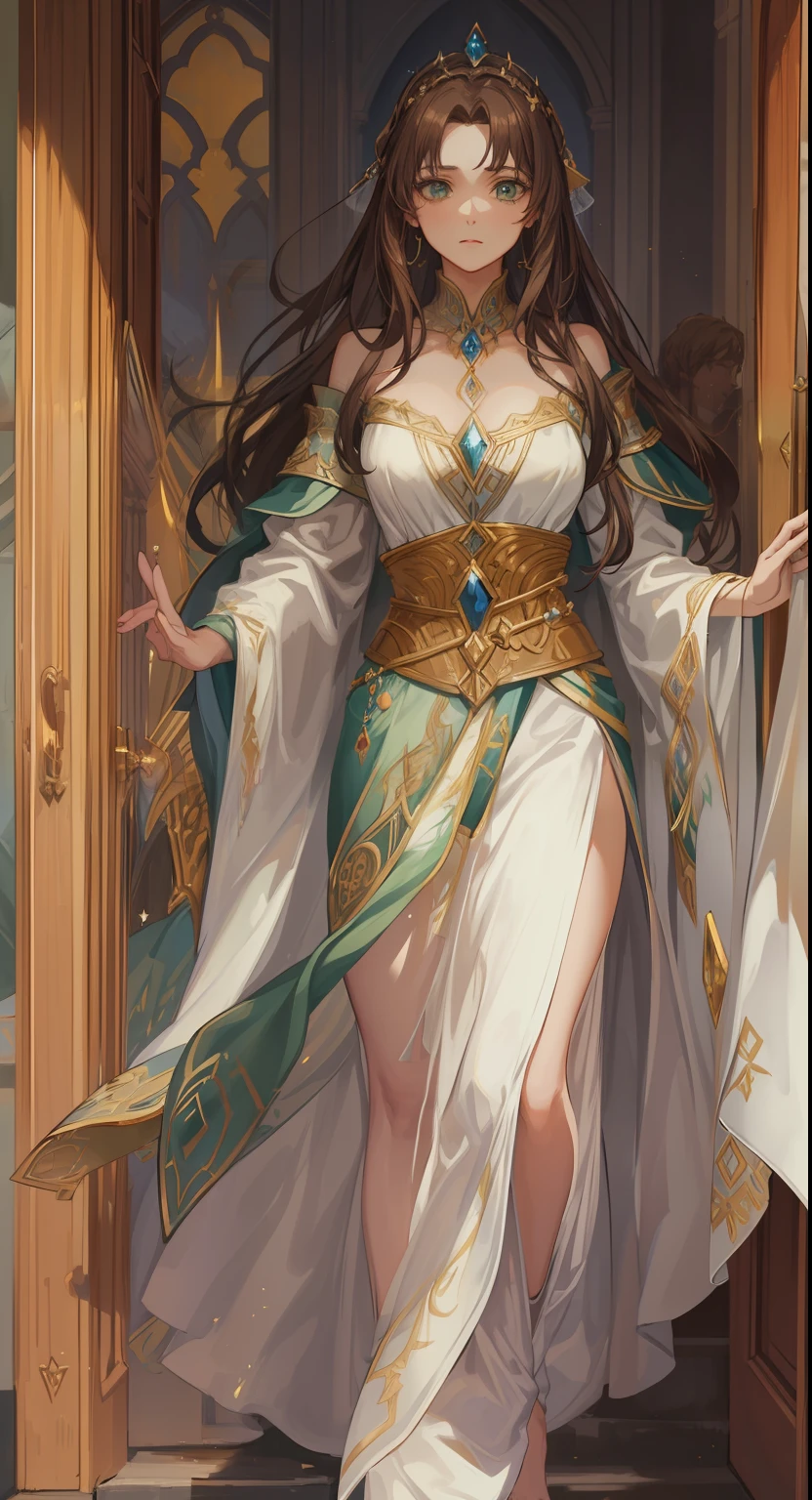 A beautiful flushed woman with green eyes and brown hair she is a sorceress wearing white and gold noble robes A princess of magic and a sad look of dramatic concern Expressive Walking to the door waving An art for an RPG A medieval art for RPG