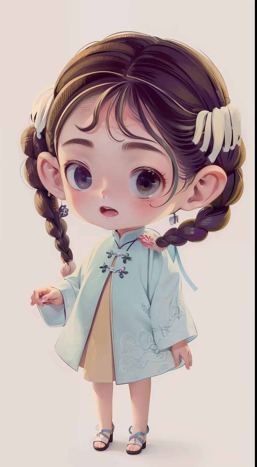 Miniature villains，2 small braids，1girll，adolable，Hanfu，China-style，Full body like，Dance，Rich expressions，white backgrounid，long eyelasher，dolls，