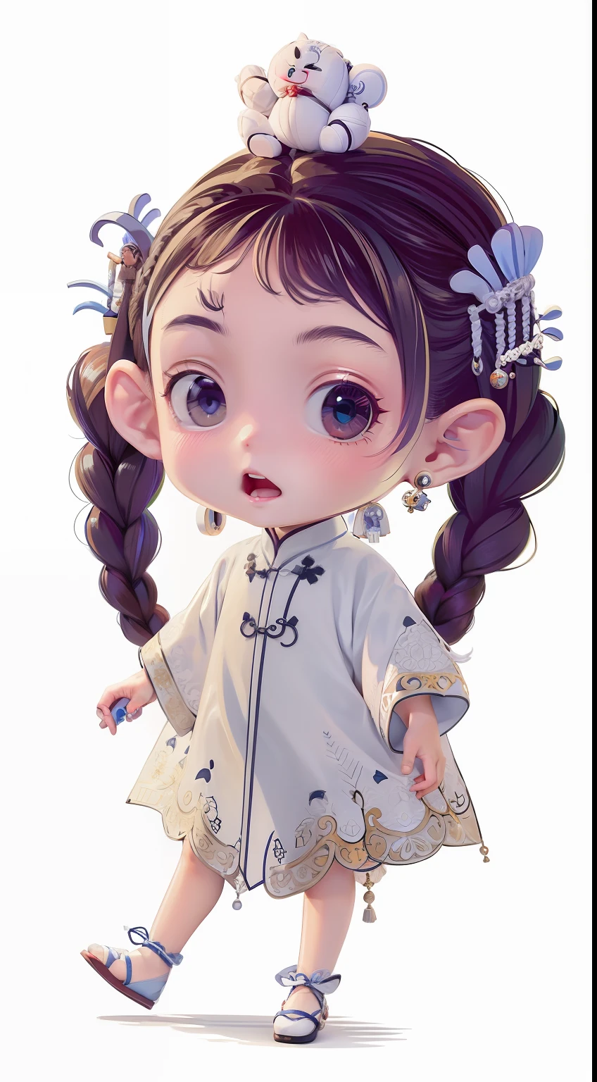 Miniature villains,2 small braids,1girll,adolable,Hanfu,China-style,Full body like,Dance,Rich expressions,white backgrounid,long eyelasher,dolls,