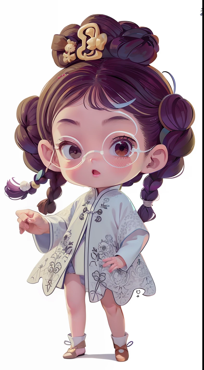 Miniature villains，2 small braids，1girll，adolable，Hanfu，China-style，Full body like，Dance，Rich expressions，white backgrounid，long eyelasher，dolls，