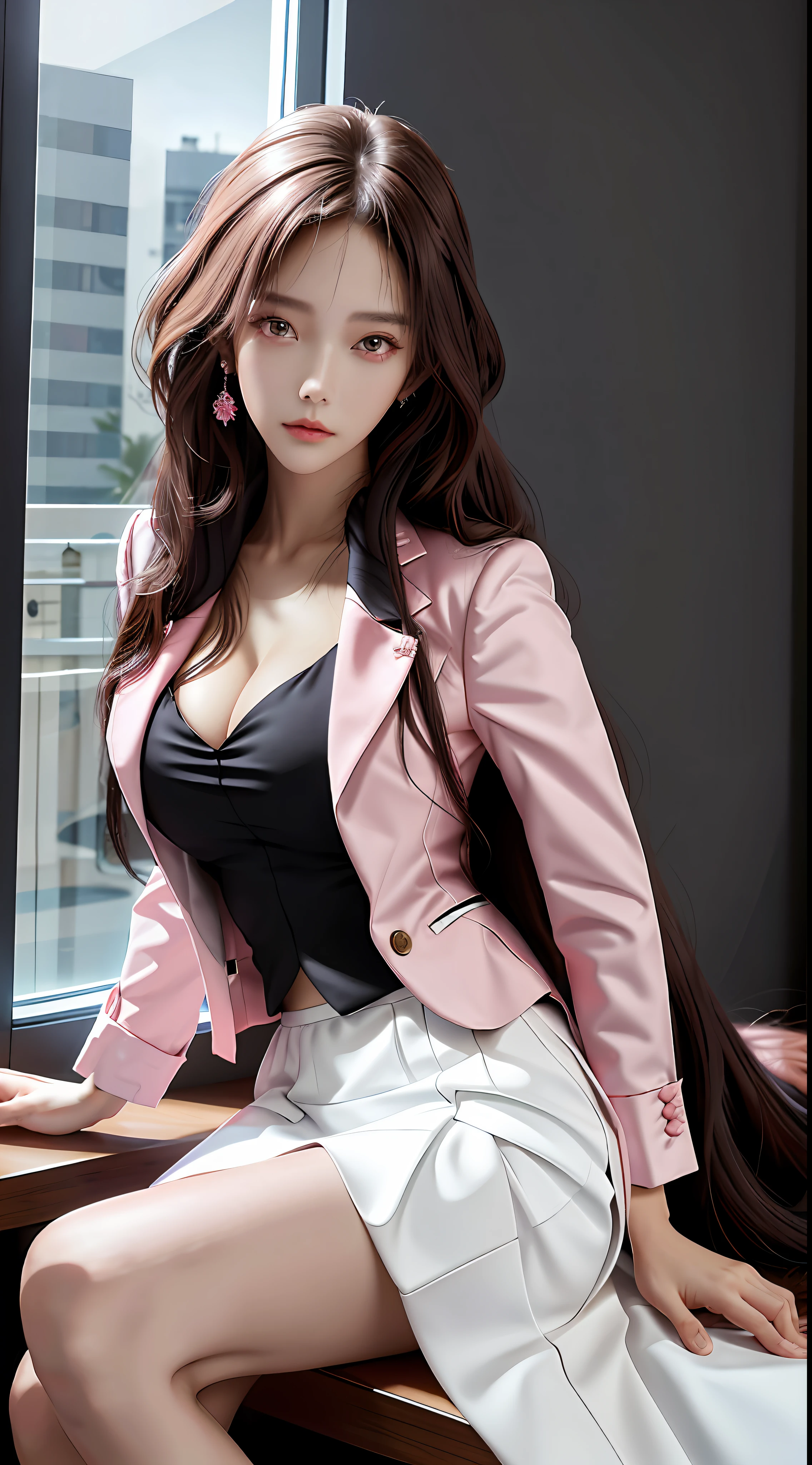 8k ultra hd, masterpiece, high quality, 1 girl, good face, smooth skin, detailed eyes, detailed lips, hair, very long hair, spreading hair, medium breasts, formal dress, pink blazer, white skirt, black panties, high lighting, office background, sitting front body capture,
