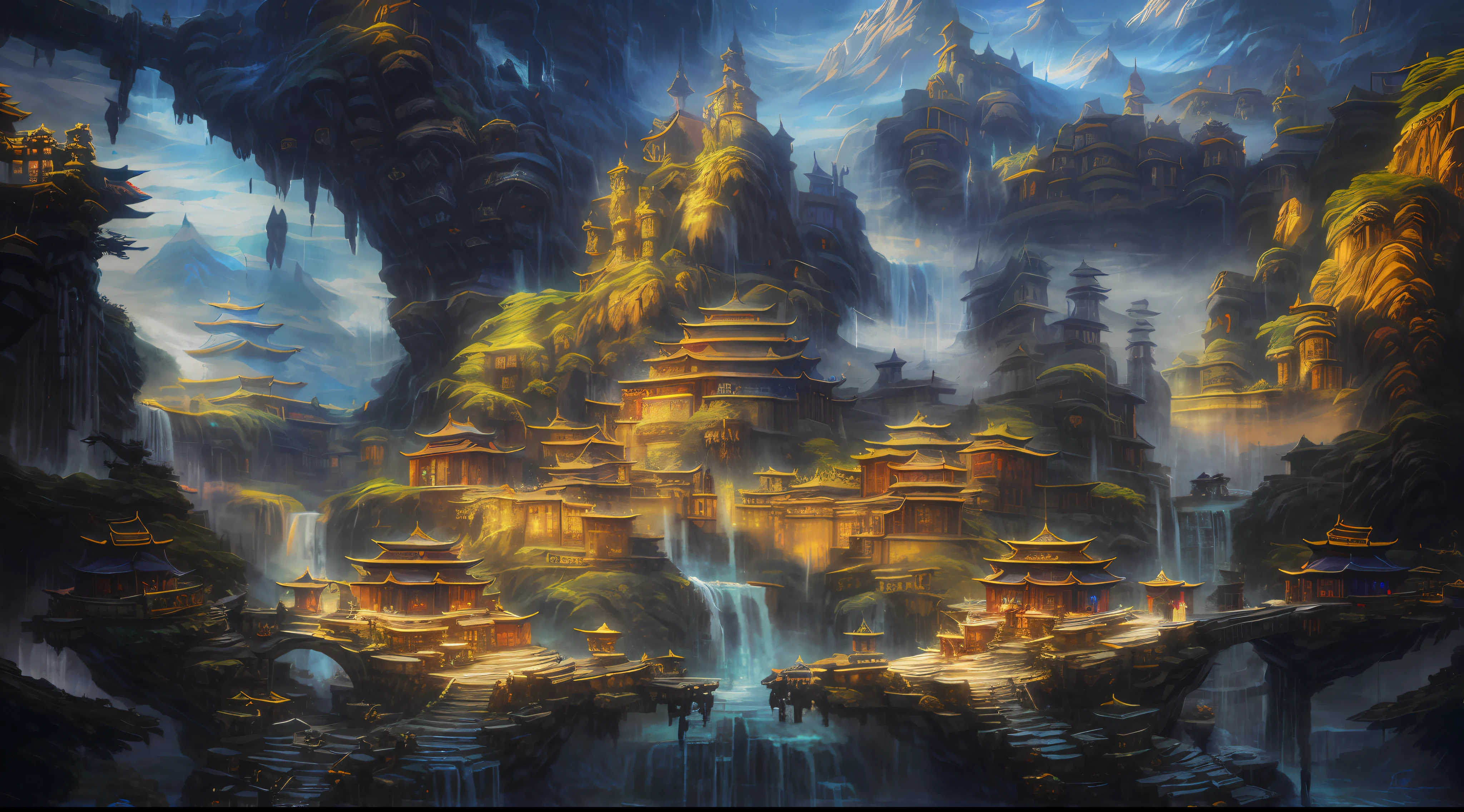 Mountain village painting with waterfall and pagoda,Epic fantasy digital art style,Mountain fortress city,Andreas Rocha style,Detailed fantasy digital art,Symmetrical epic fantasy art,4K fantasy art,Ancient Chinese castles,Birds and auspicious clouds,inspired by Andreas Rocha,by Yang J,impressive fantasy landscape,detailed fantasy art,Fantasy art landscape,highly detailed fantasy art