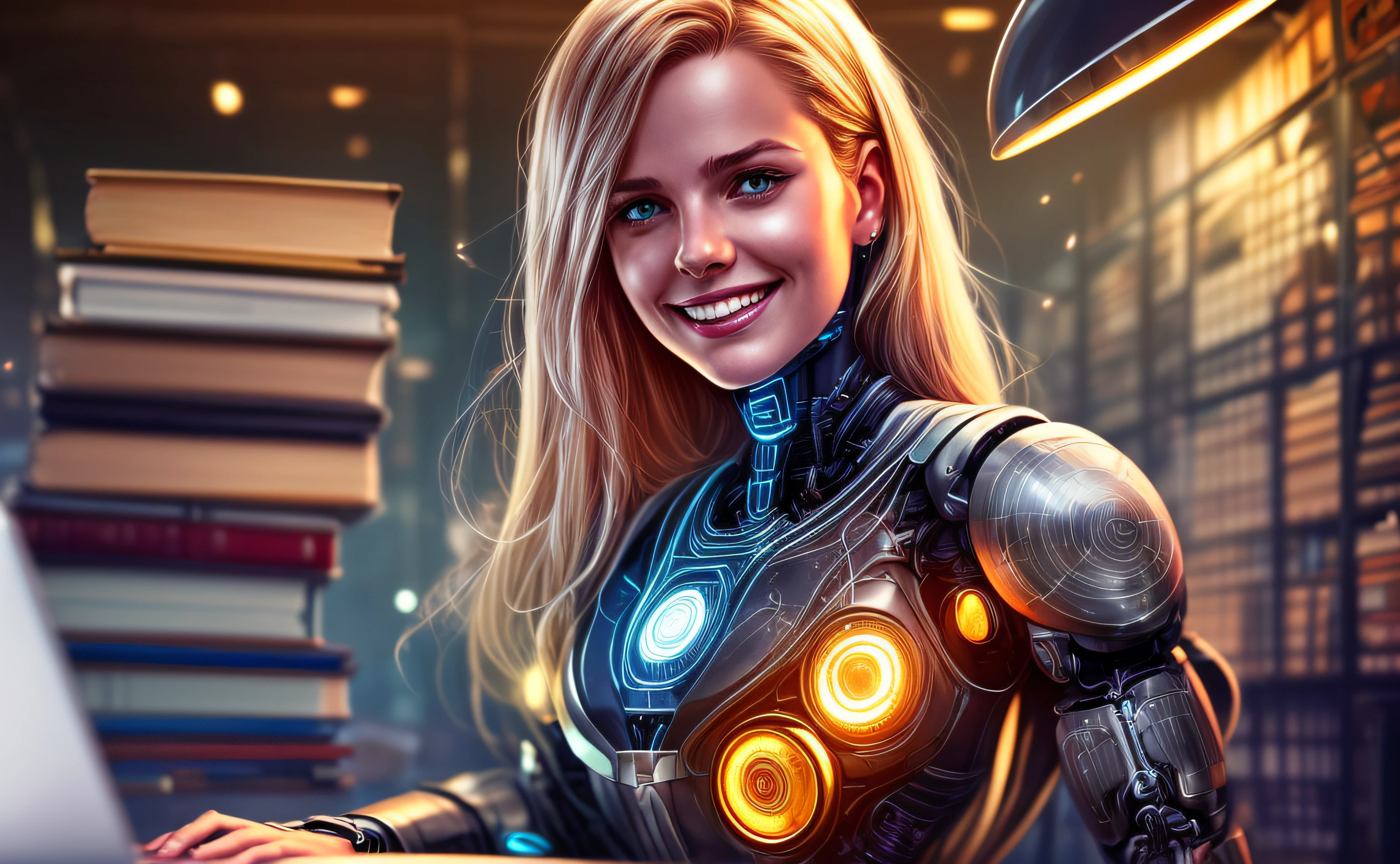 British workplace female with blond hair elite sitting in a room with an oversized wall of books in the background with laptop and a lamp, portrait of artificial intelligence, digital cyberpunk animation art, cybernetic wallpaper, beautiful British female elite character design, web style, WLOP. Sci-fi, smiling British girl, 4K detailed digital art, powerful artificial intelligence, high quality digital concept art