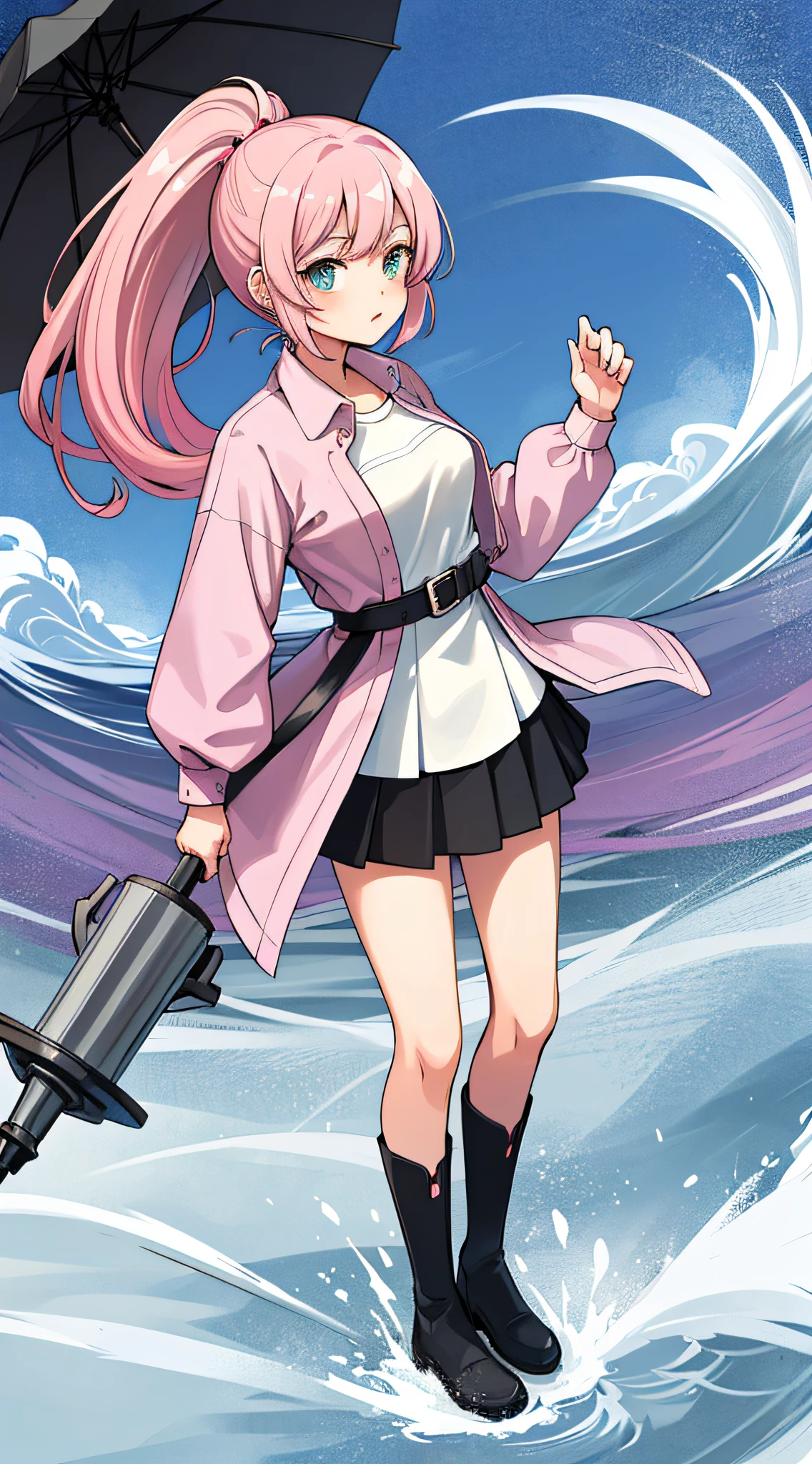 retro artstyle,Steam waves,Detail portrayal,sideways standing,-yeld giteens girl,A pink-haired,High ponytail,Flat flowing sea,White shirt,Loose coat,black short skirt,White rain boots,Holding an umbrella in his right hand,Left light