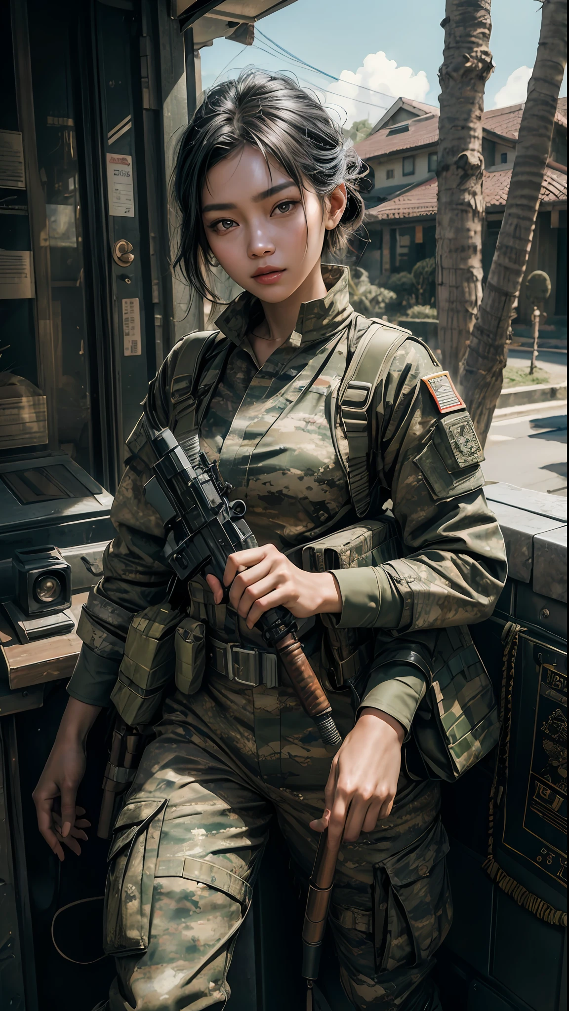 ((Best quality)), ((masterpiece)), (highly detailed:1.3), 3D, beautiful javanese goddess as soldier female (wearing camouflage_uniform:1.1), bandolier, holding machine gun m-60, realistic full long uniform, real life, bandolier (camouflage:1.3),HDR (High Dynamic Range), Ray Tracing,NVIDIA RTX,Super-Resolution,Unreal 5,Subsurface scattering,PBR Texturing,Post-processing,Anisotropic Filtering,Depth-of-field,Maximum clarity and sharpness,Multi-layered textures, Wide aperture, Low ISO, White balance, Rule of thirds, 8K RAW