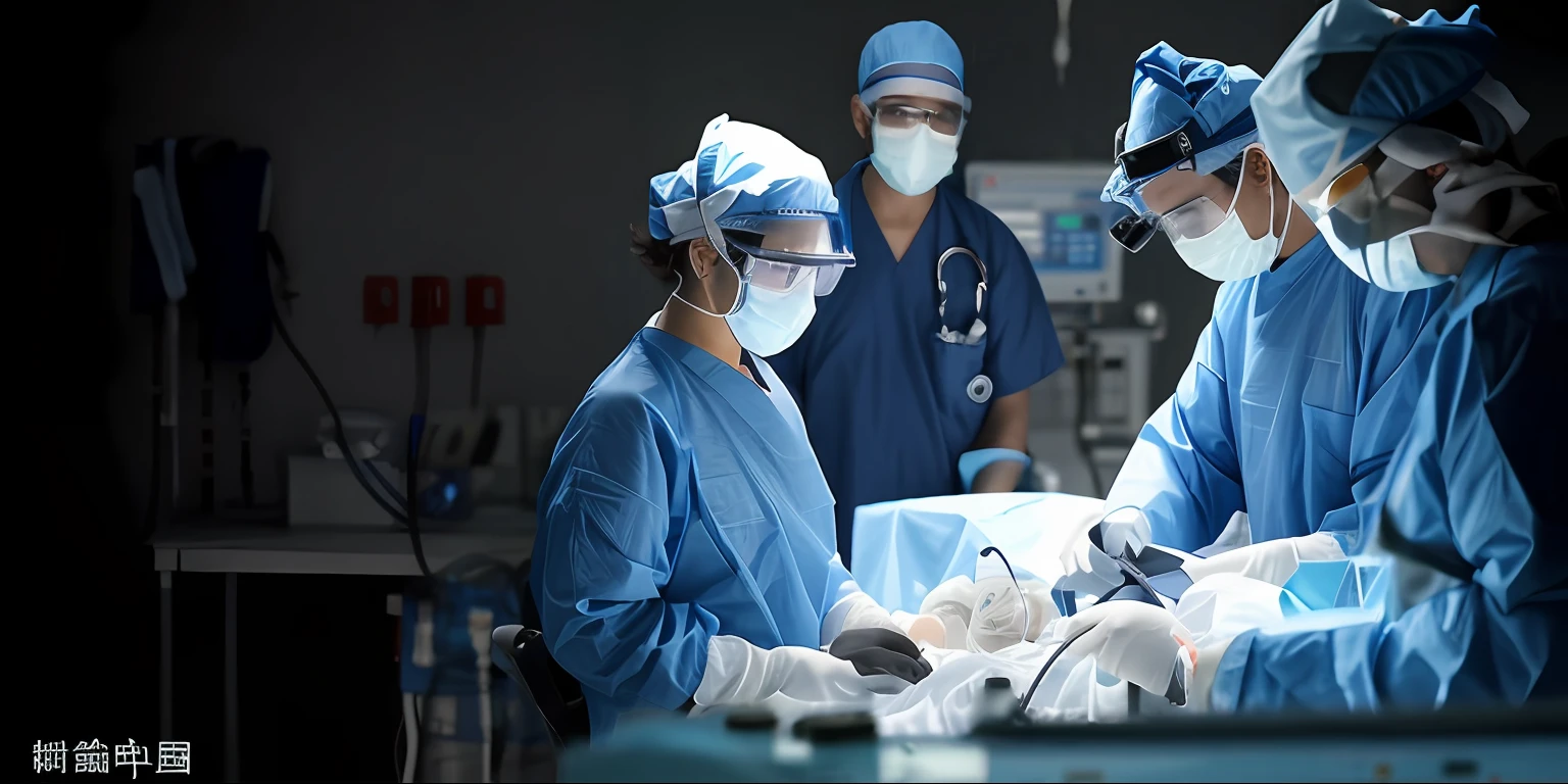 In the hospital, several doctors wearing protective suits, dust caps, goggles, gloves, and operating on the operating table,On the middle table lay a man covered with a blue cloth