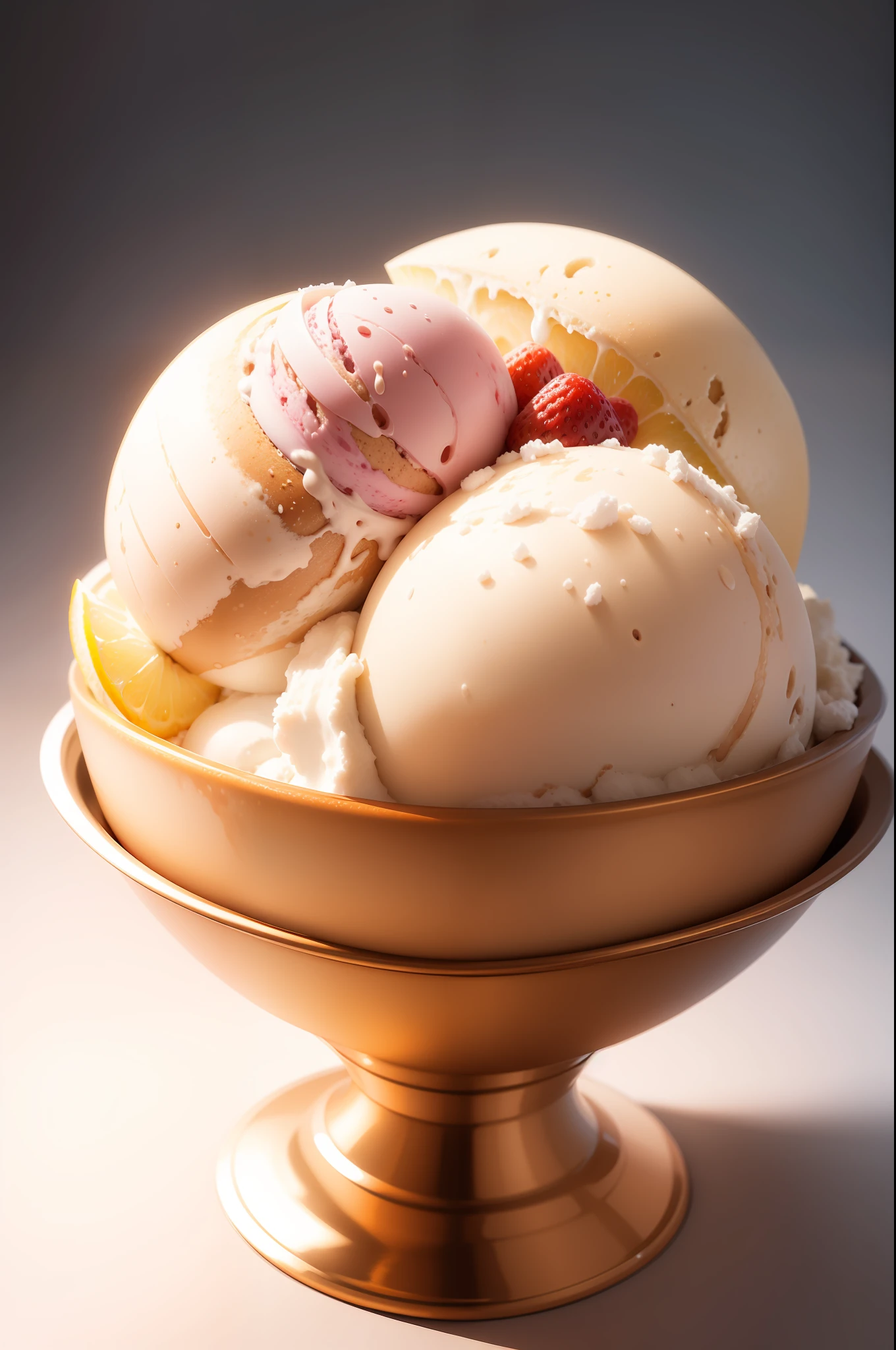 high end photography, digital painting, ultra clean high definition, fruits ice cream, white background