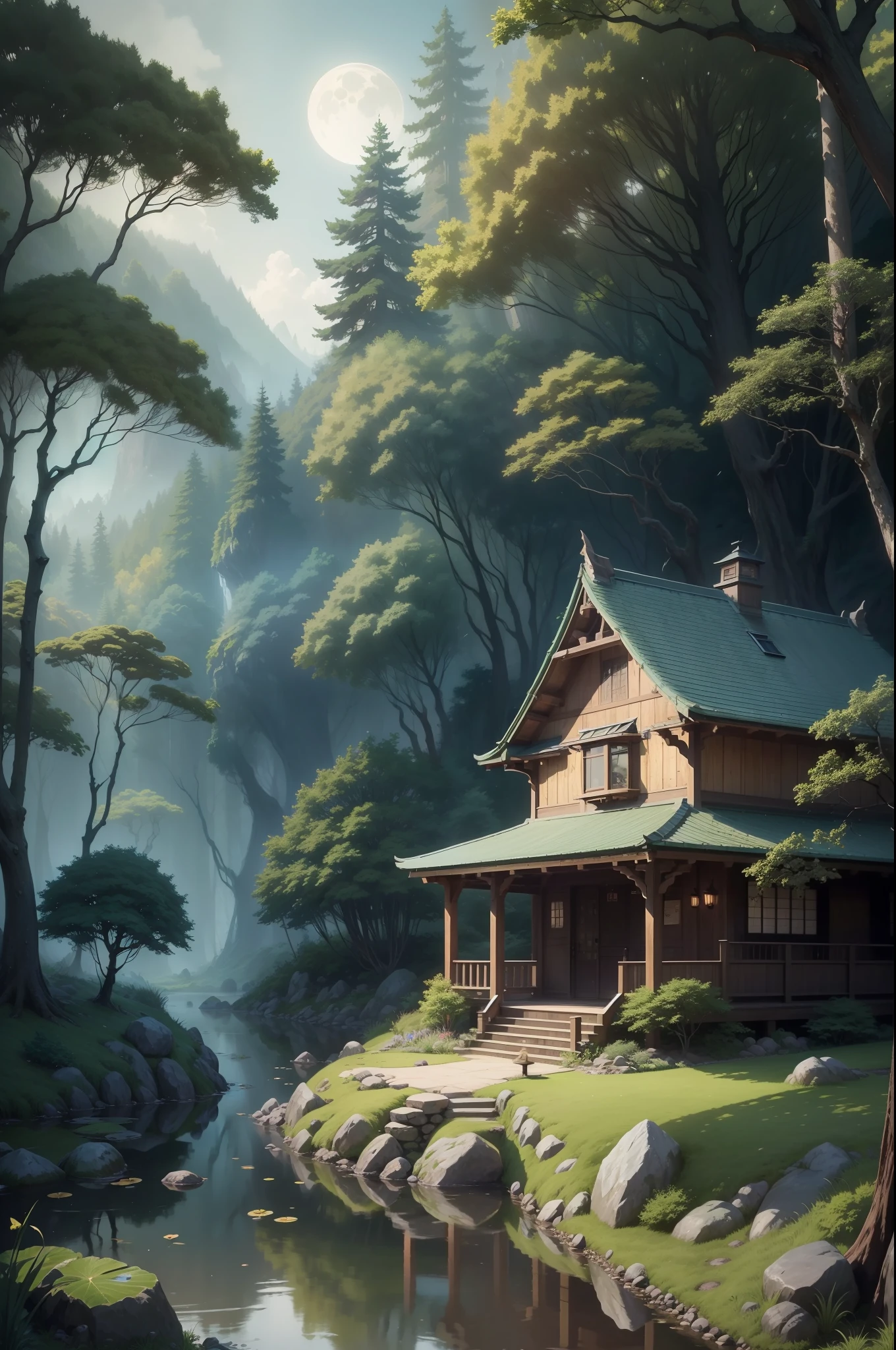 9:16 Full picture,there is a small house in the middle of a forest, andreas rocha style, anime lush john 8k woods, fantasy forest environment, Concept art wallpaper 4K, inspired by Andreas Rocha, Fantasy Forest, environment design illustration, beautiful house on a forest path, roofed forest, made of tree and fantasy valley, hidden in the forest, fantasy forest landscape、Hazy moon、the night、trpical garden、bamboos、lakes、Stone、rockery、archs、nooks、rockery、The tree、flowingwater、scenecy、exteriors、waterfallr、grassy fields、Rochas、water lilies、hot onsen、water vapour、(illustratio:1.0)、Epic composition、Detail Enhancement,Detail enhancement。Realistic lighting、high definition detail、tmasterpiece、The best quality,(非常详细的 CG 统一 8k 壁纸),(The best quality)