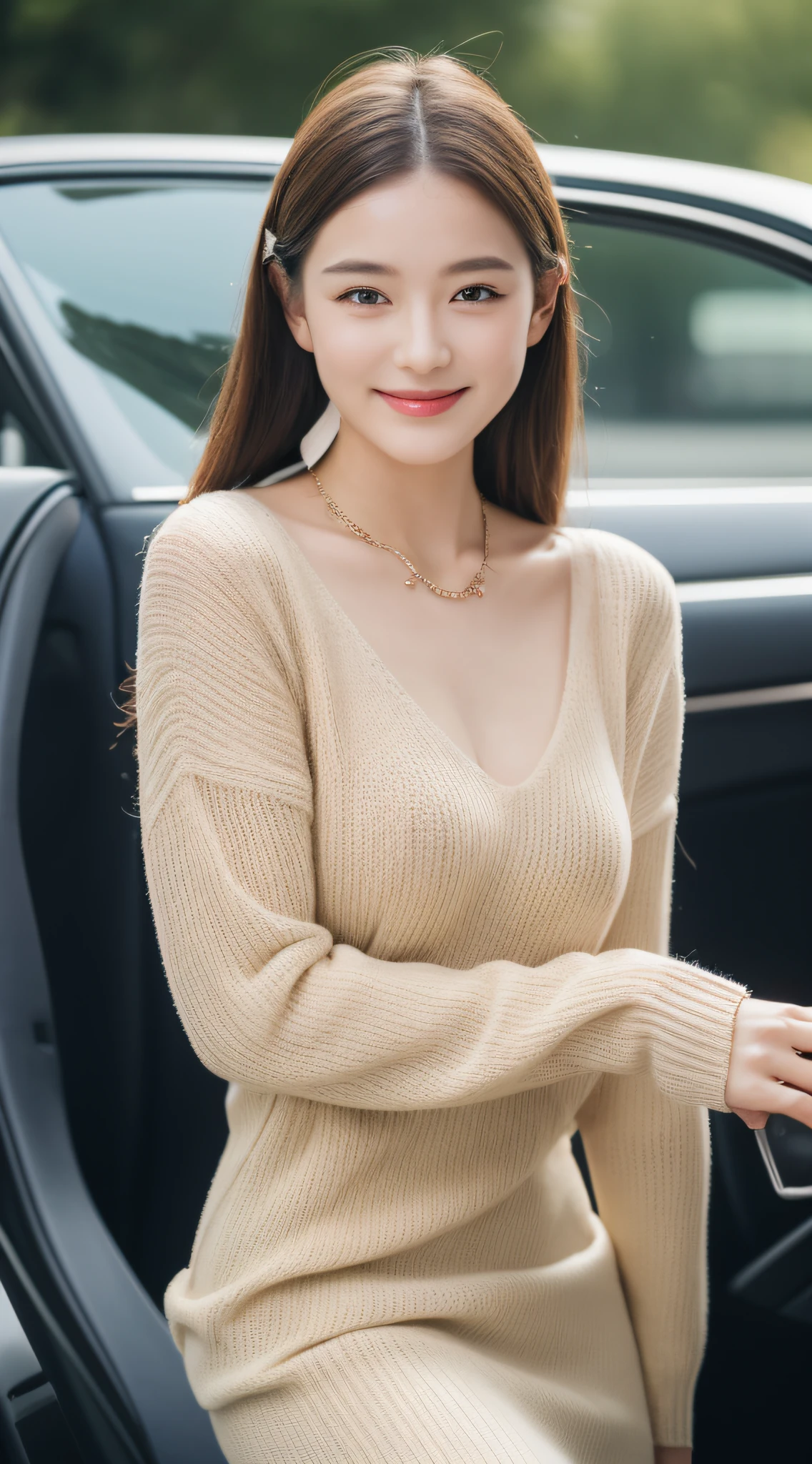((Best Quality, 8k, Masterpiece:1.3)), Focus:1.2, Perfect Body Beauty:1.4, Buttocks:1.2, ((Delicate Hair)), (Sweater Dress:1.1) , (Sports car, street: 1.2), Highly detailed face and skin texture, Detailed eyes, Double eyelids, whitening skin, Big breasts, smile, wearing necklaces, rings, people sitting in cars with their buttocks up,