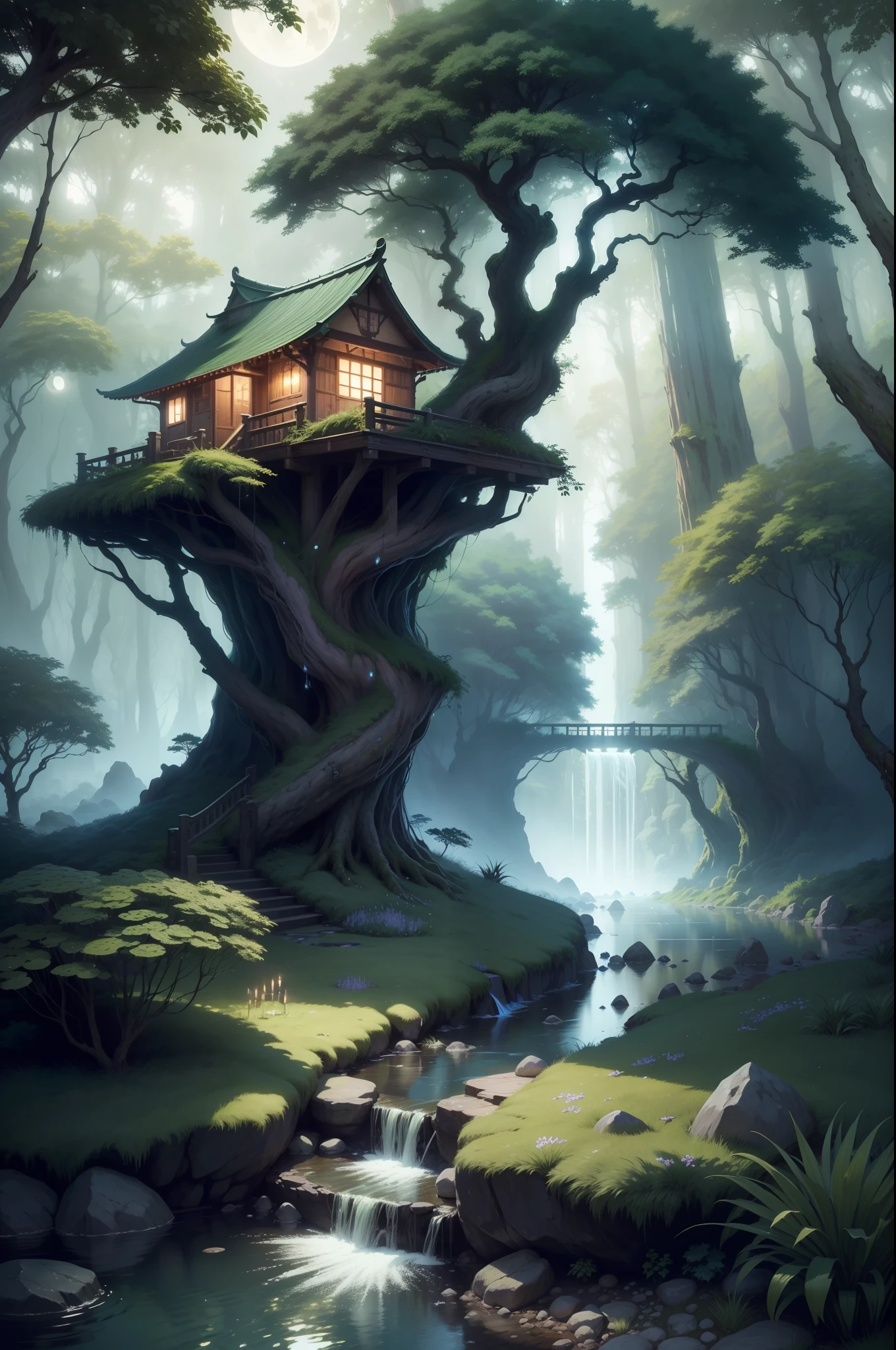 9:16 Full picture,there is a small house in the middle of a forest, andreas rocha style, anime lush john 8k woods, fantasy forest environment, Concept art wallpaper 4K, inspired by Andreas Rocha, Fantasy Forest, environment design illustration, beautiful house on a forest path, roofed forest, made of tree and fantasy valley, hidden in the forest, fantasy forest landscape、Hazy moon、the night、trpical garden、bamboos、lakes、Stone、rockery、archs、nooks、rockery、The tree、flowingwater、scenecy、exteriors、waterfallr、grassy fields、Rochas、water lilies、hot onsen、water vapour、(illustratio:1.0)、Epic composition、Detail Enhancement,Detail enhancement。Realistic lighting、high definition detail、tmasterpiece、The best quality,(非常详细的 CG 统一 8k 壁纸),(The best quality)