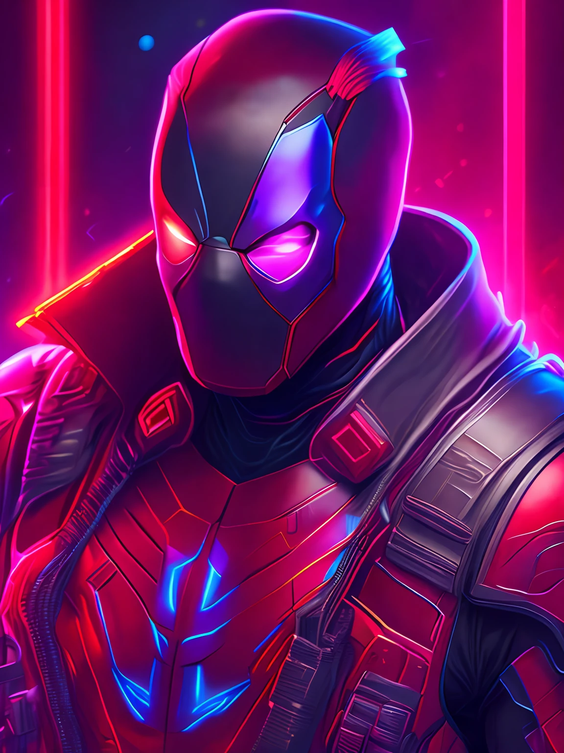 neon portrait of Deadpool from Marvel, photorealistic painting, intricate, 8K, very detailed, three-dimensional lighting, digital painting, sharp and intense focus, works by Artgerm E. Rutkowski and Alphonse Mucha, CGsociety