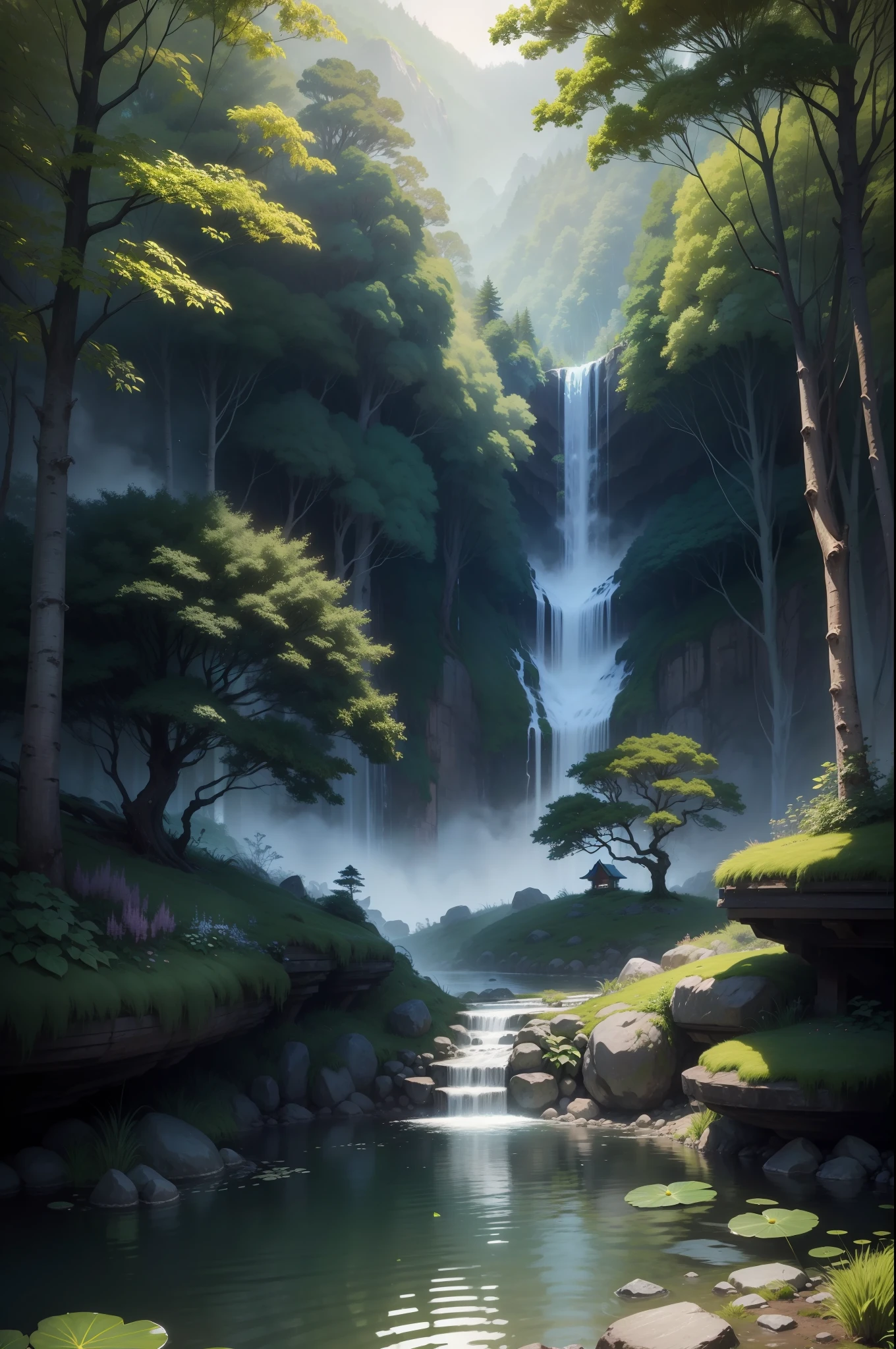 9:16 Full picture,there is a small house in the middle of a forest, andreas rocha style, anime lush john 8k woods, fantasy forest environment, Concept art wallpaper 4K, inspired by Andreas Rocha, Fantasy Forest, environment design illustration, beautiful house on a forest path, roofed forest, made of tree and fantasy valley, hidden in the forest, fantasy forest landscape、Hazy moon、the night、trpical garden、bamboos、lakes、Stone、rockery、archs、nooks、rockery、The tree、flowingwater、scenecy、exteriors、waterfallr、grassy fields、Rochas、water lilies、hot onsen、water vapour、(illustratio:1.0)、Epic composition、Detail Enhancement,Detail enhancement。Realistic lighting、high definition detail、tmasterpiece、The best quality,(非常详细的 CG 统一 8k 壁纸),(The best quality)