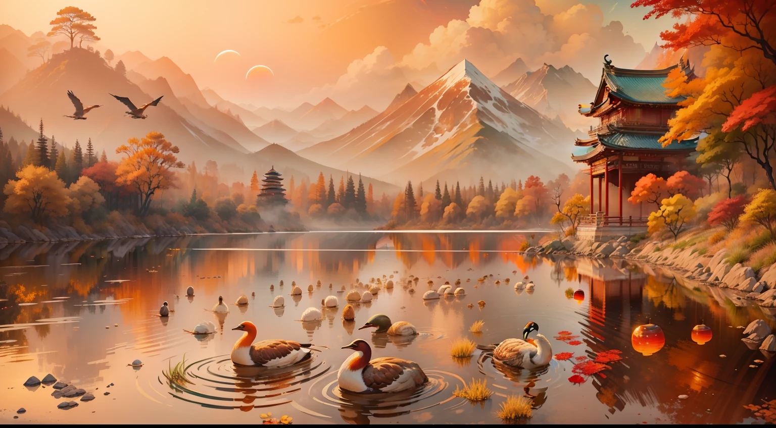 high high quality，Best quality at best，Realiy，Super realistic，super detailing，A high resolution，8K，Very realistic，tmasterpiece，intricately details，offcial art， RAW photogr， Incredibly Ridiculous res， (super wide shot), Holy light,动态照明， cinmatic lighting，finedetail，Epic fantasy digital art style,Chinese feng shui painting，Stunning view in autumn。The whole scene is bathed in the setting sun，A warm golden glow renders the whole picture，At the highest point of the picture，(Detailed hallucinations of Chinese mythology, The illusion of detail in the Forbidden City in China)，A flock of flying geese flies in formation，Under the flying wild geese，This is a vast autumn sky，Azure and vast。Part of the sky is dyed warm red by the setting sun、Orange-yellow and dark purple，Form a cloud-like mass layer，It was as if there was a flame burning in the sky，The colors of the setting sun shine in the sky，Bloom like a gem。In the sunset，It is a soft orange-red band of light，Reflected on the lake，Blend in with the lake view，The lake is wide and calm，It's like a mirror，The reflection on the surface of the lake is blurry，It's like an abstract painting of an ink landscape，The mountains in the distance are quiet，It seems to guard this idyllic autumn landscape，Quiet and distant feeling，The whole painting presents a spectacular sight，Showcase the power and beauty of nature，Colorful sunset，Lonely wild geese soaring freely against the backdrop of the lake，The work is full of natural vitality and vitality，Japanese style，eastern style