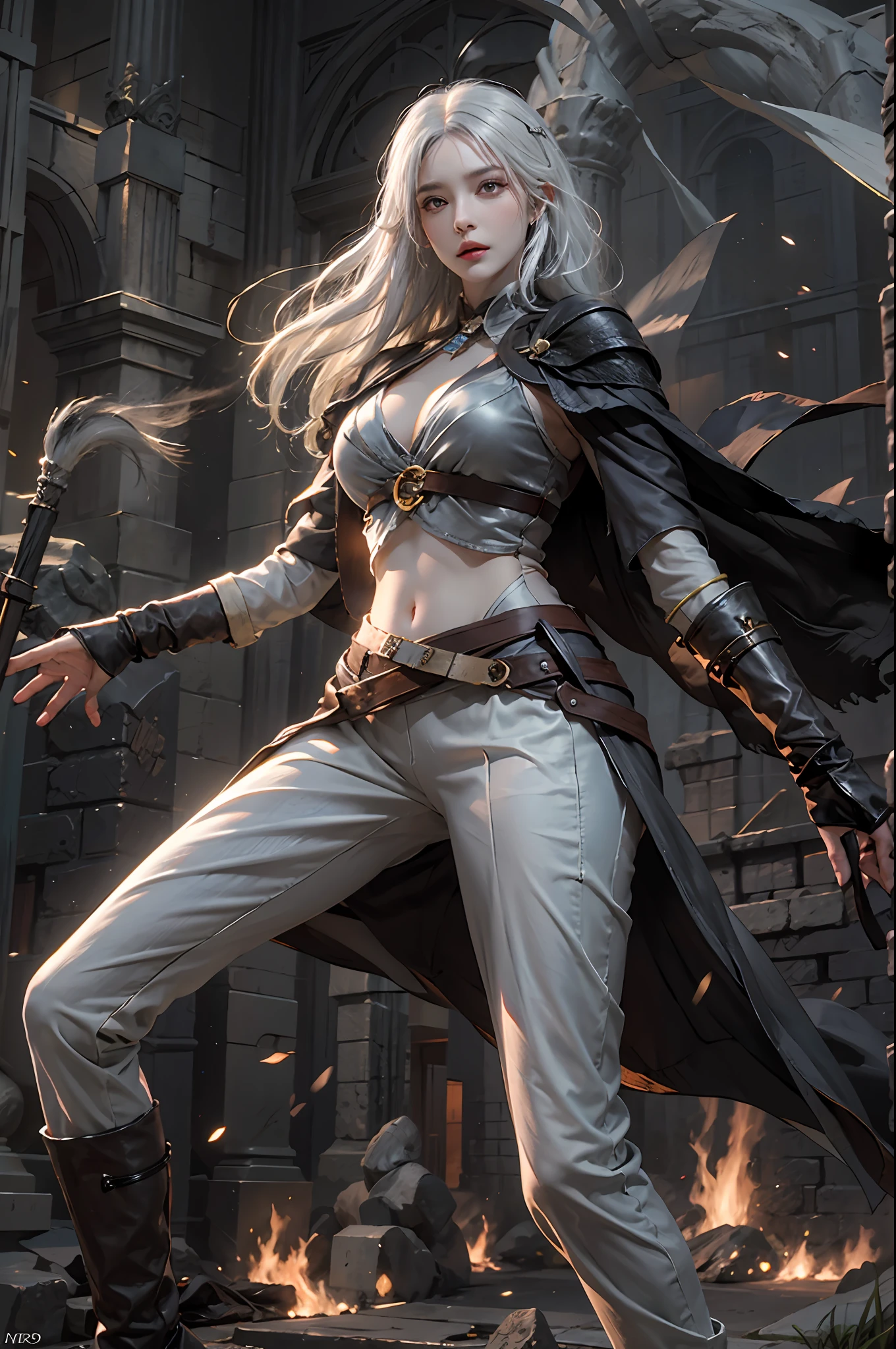 photorealistic, high resolution, 1women, solo, hips up, look at viewer, (detailed face), white hair, sorcerer, dark souls style, fighting with boss, jewelry