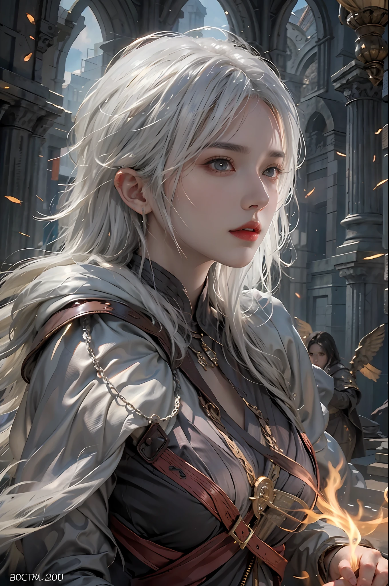 photorealistic, high resolution, 1women, solo, hips up, look at viewer, (detailed face), white hair, sorcerer, dark souls style, fighting with boss, jewelry