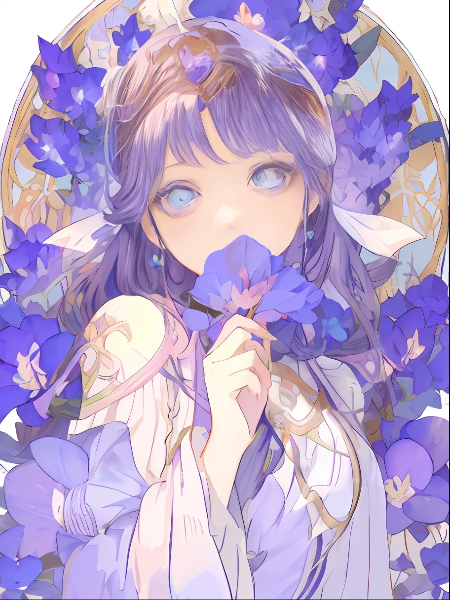 Anime girl with blue eyes and purple hair holding purple flowers, Soft anime illustration, ethereal anime, Detailed digital anime art, korean art nouveau anime, ((a beautiful fantasy empress)), a beautiful anime portrait, beautiful fantasy anime, anime art nouveau, detailed anime art, beautiful anime art style, anime illustration, Beautiful anime, Anime fantasy illustration, Digital art on Pixiv