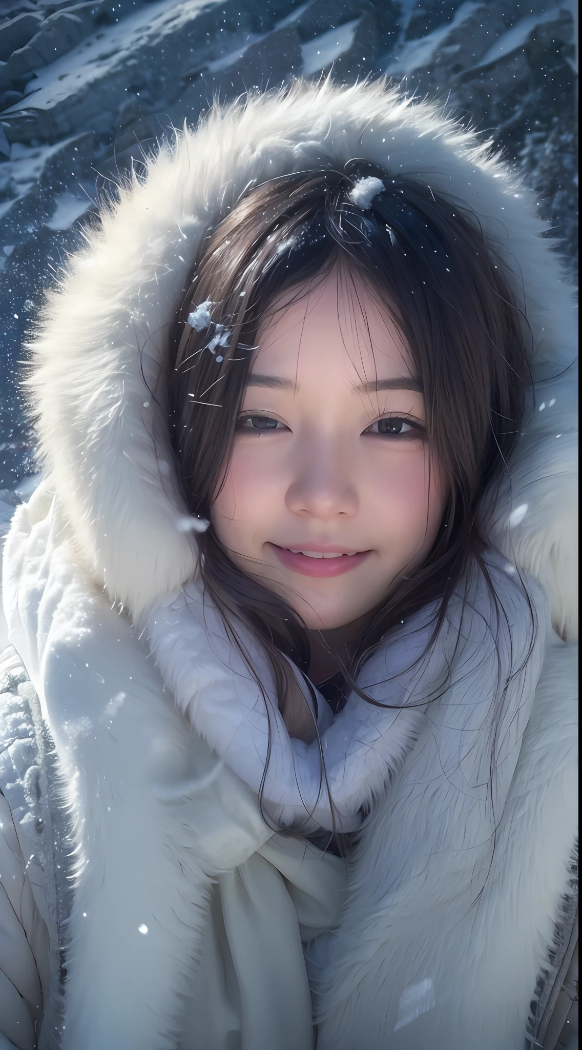 (Best Quality: 1.5), (Masterpiece: 1.2), (Photorealistic: 1), 4k, (RAW Photo: 1.1), 1 girl, baby face, 20 years old, looking at the viewer, black hair, Icelandic, snow, ice, cold, Eskimo, portrait, winter clothing, gloves, scarf, eyes closed, smile, cute, upper body, snow piled up, wide shot,