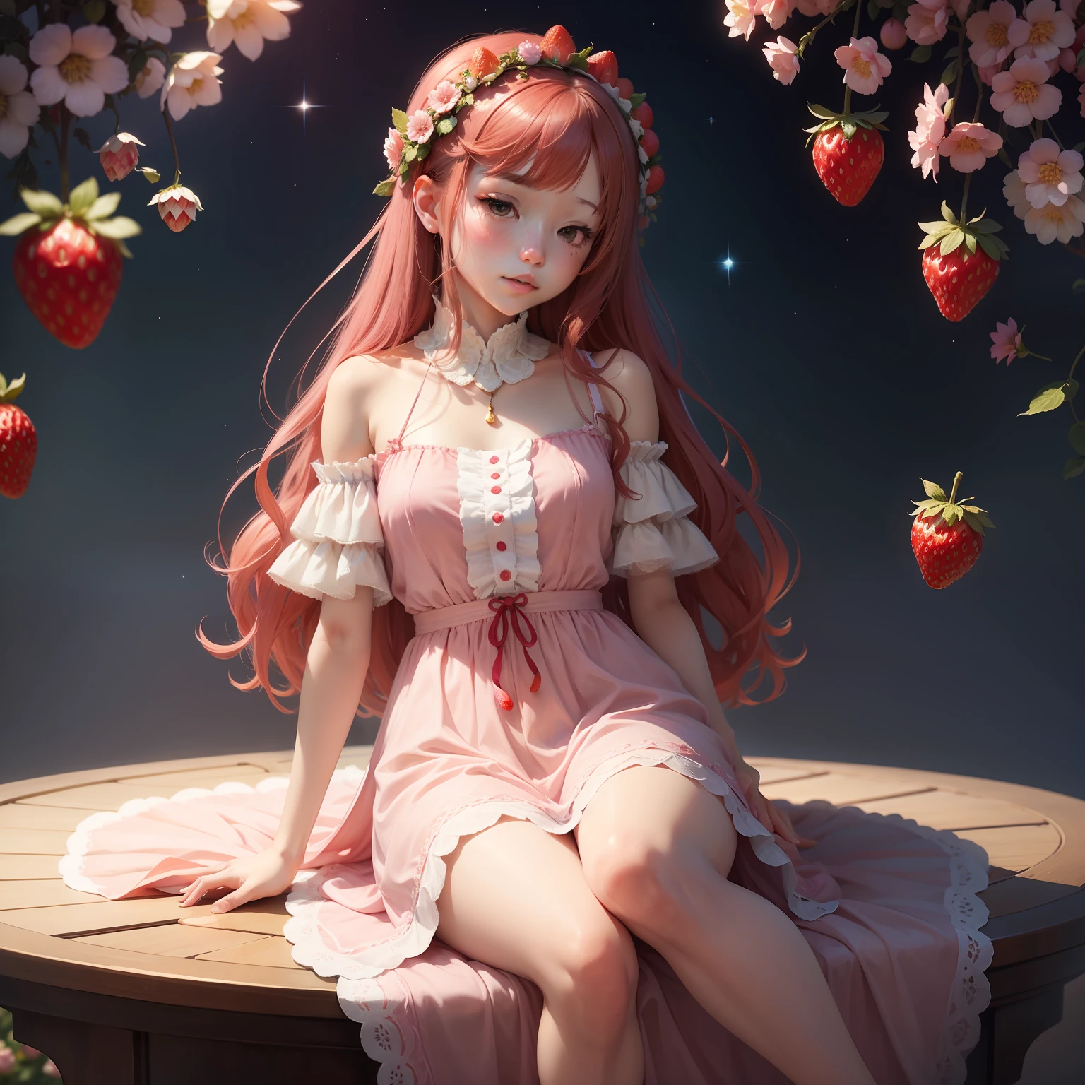 【titles】Strawberry dreamer

depiction：A woman with a beautiful bright red color of strawberries、Wearing a pale pink dress、Sitting gracefully。Around her、Strawberry flowers in full bloom、Small strawberries surround it。In her hands、There is a quartet sheet music depicting fantastic strawberry treetop fruits.、Its nimble fingertips、Like picking ripe strawberries、I play the keyboard and play a pleasant tone.。

Background with：Like she floats in the air、In a mysterious space、appearance々It depicts a strawberry in flight.。In this space、There is a beautiful structure that she herself weaves in her dreams.、You can tell that she is part of a world that she has artistically created.。

image：Inspired by strawberries、Graceful and beautiful female figure。With free musical expression、Creating a cosmic and mysterious dream world、Draw an image like a dreamer。